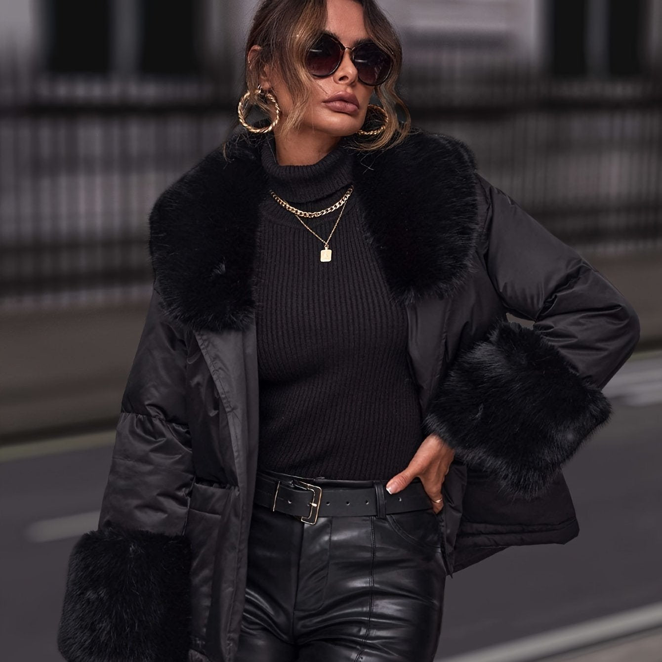 Sixsr Fuzzy Collar Belted Jacket Coat, Casual Solid Long Sleeve Winter Warm Outerwear With Pockets, Women's Clothing