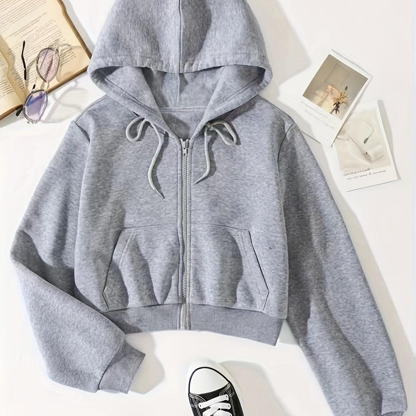 Sixsr Solid Drawstring Zip Up Thermal Lined Crop Hoodie Sweatshirt, Long Sleeve Pocket Front Sweatshirt, Women's Tops
