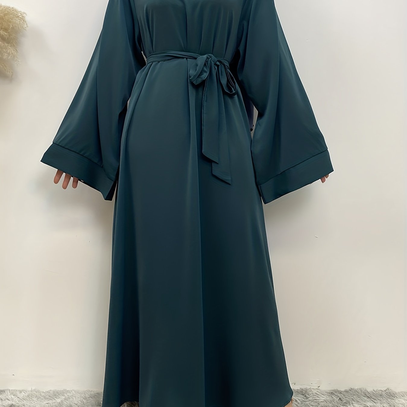 Sixsr Solid Long Sleeve Tie Waist Crew Neck Dress, Elegant Ruffled Hem Maxi Dress, Women's Clothing