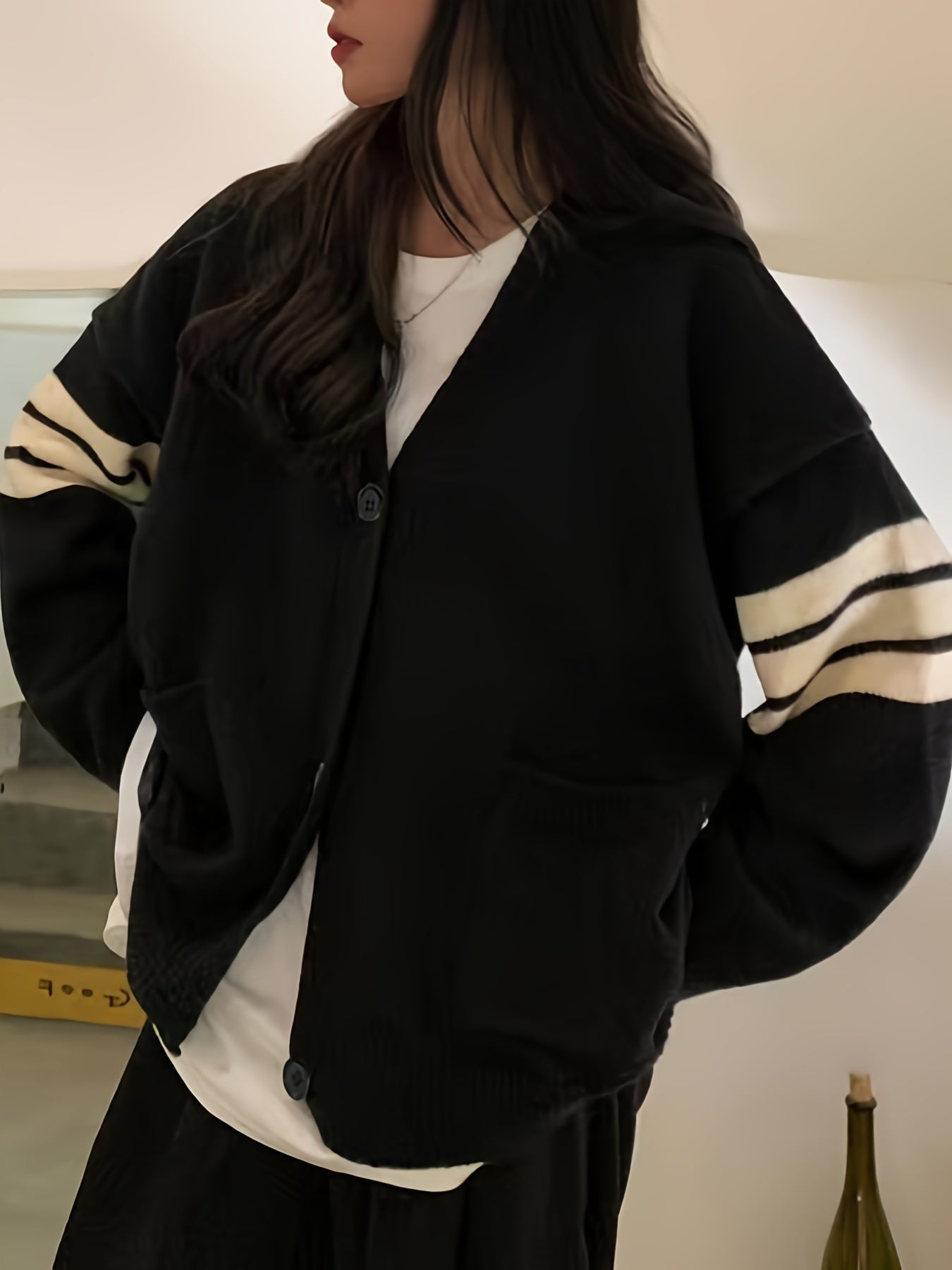 Sixsr Color Block Button Front Cardigan, Long Sleeve Cardigan For Fall & Winter, Women's Clothing