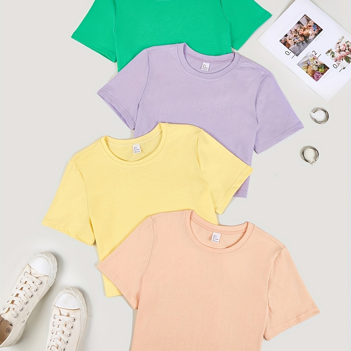Sixsr Solid Basic 4pcs T-shirt, Casual Crew Neck Short Sleeve Summer T-shirt, Women's Clothing