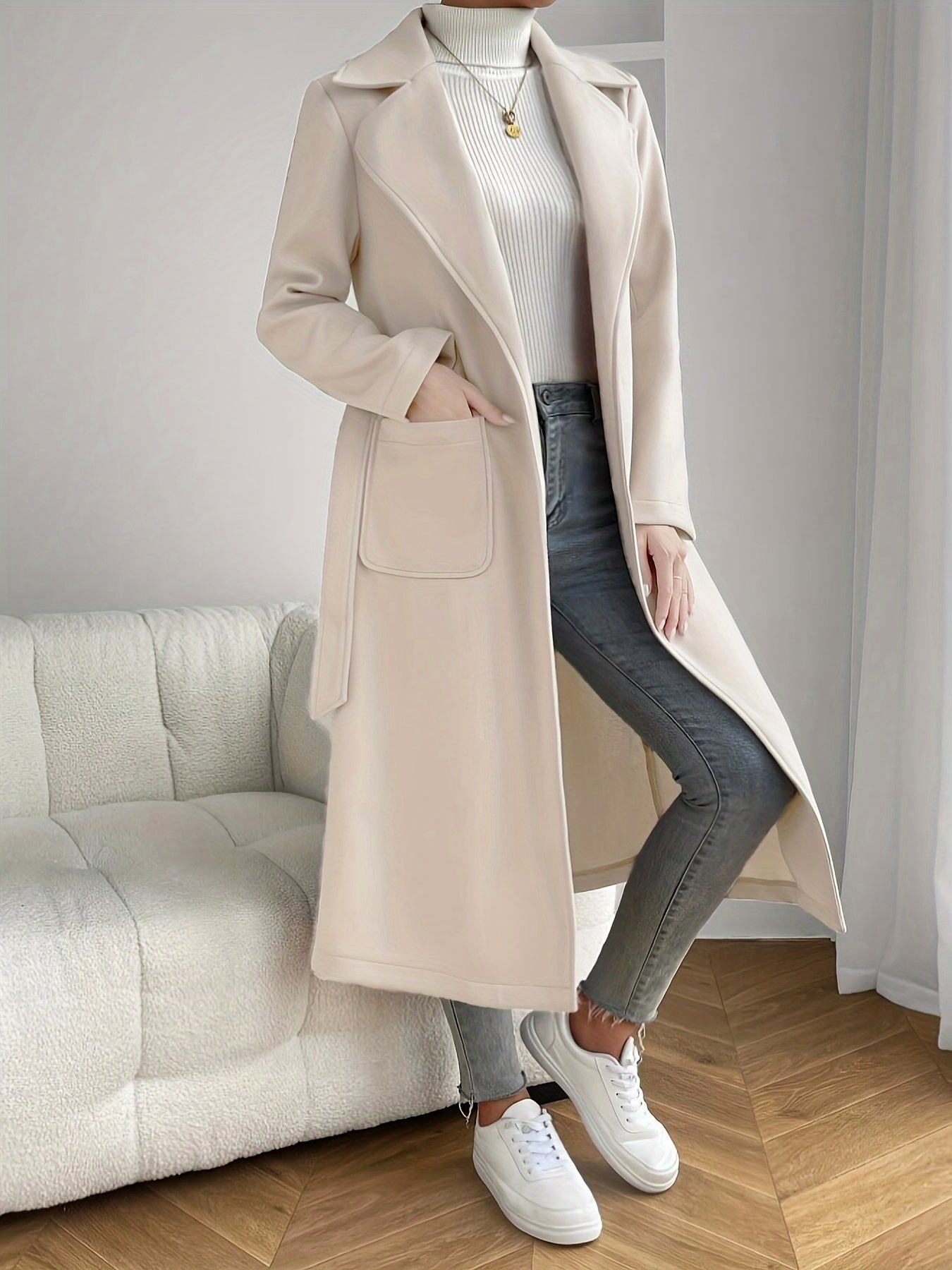 Sixsr Solid Lapel Mid Length Overcoat, Casual Open Front Long Sleeve Outerwear With Pockets, Women's Clothing