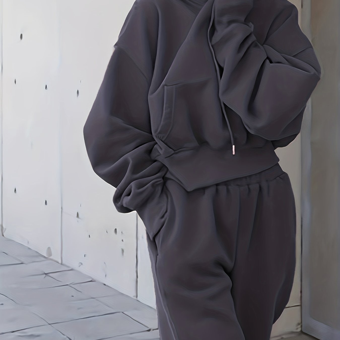 Sixsr 2pcs Athleisure Set, Oversized Solid Hooded Pocket Drawstring Sweatshirts & Sweatpants Sets, Women's Clothing