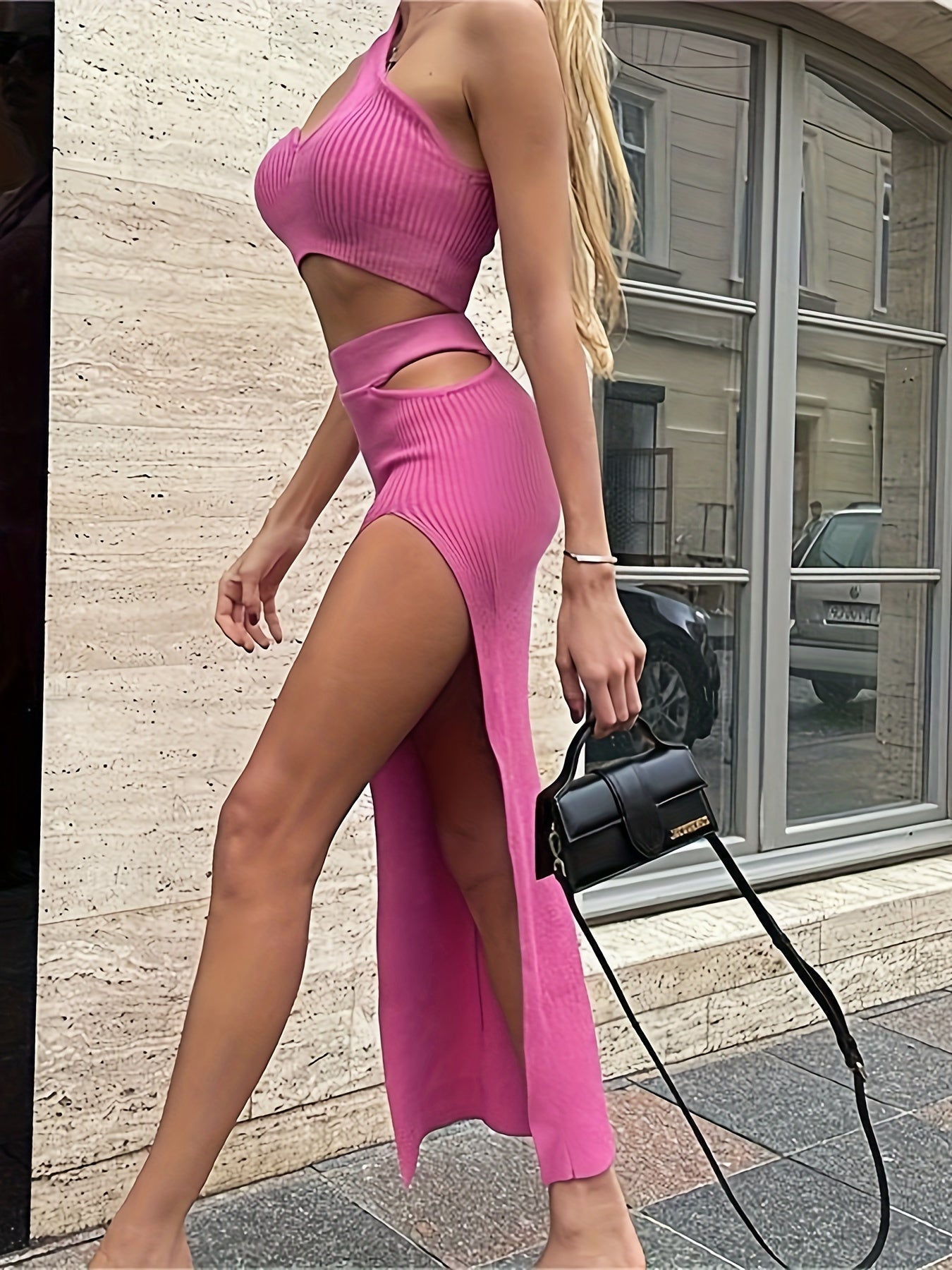 Sixsr Solid Casual Two-piece Skirt Set, One Shoulder Crop Top & Split Skirt Outfits, Women's Clothing