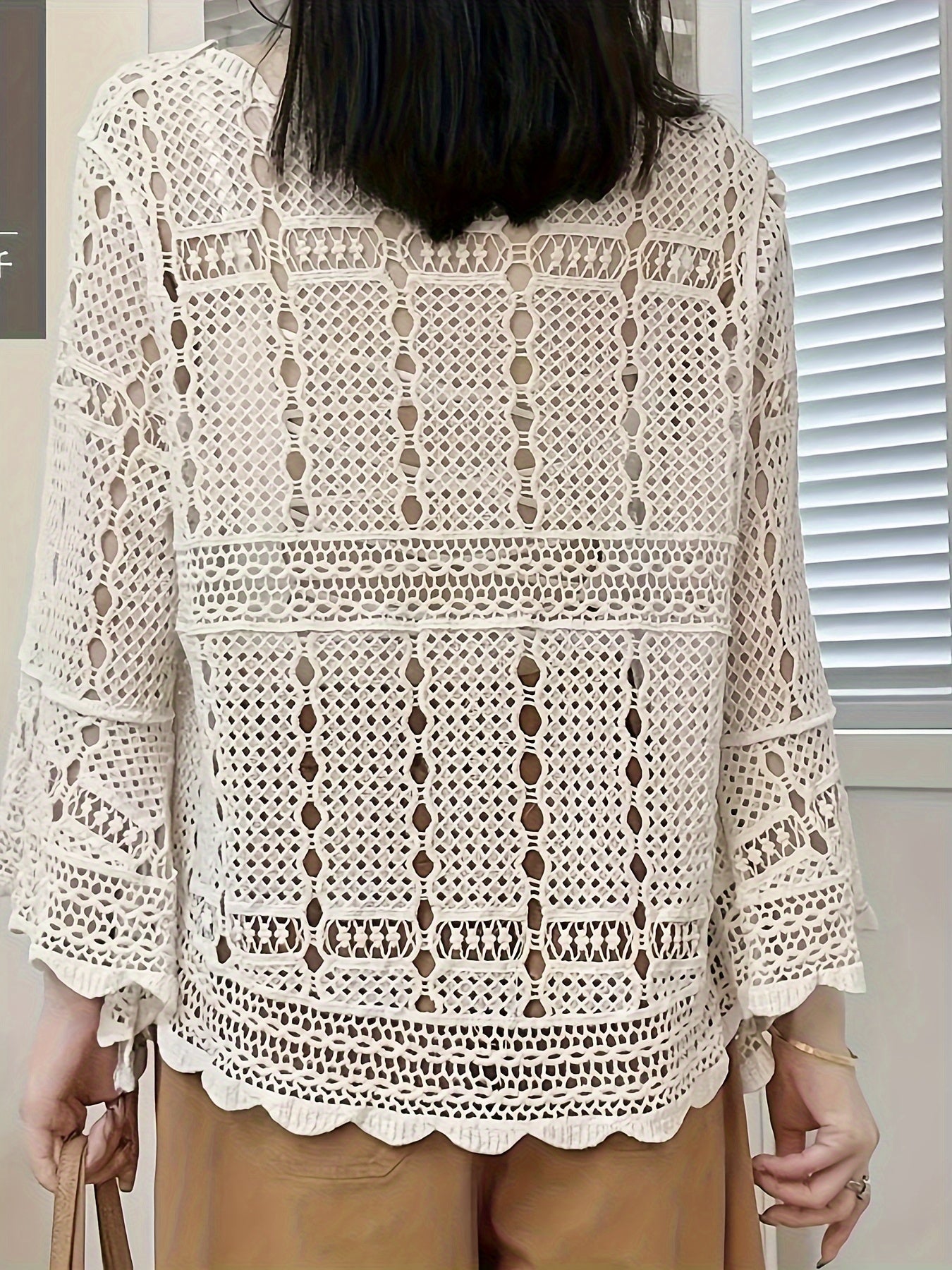 Sixsr Solid Hollow Crew Neck Pullover Top, Casual Long Sleeve Scallop Trim Versatile Stylish Sweater, Women's Clothing