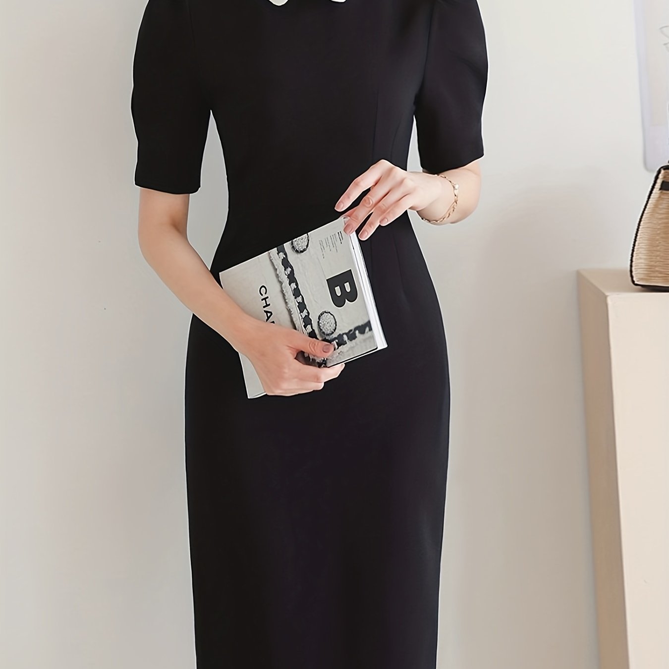 Sixsr Flat Collar Bodycon Dress, Elegant Short Sleeve Midi Dress, Women's Clothing