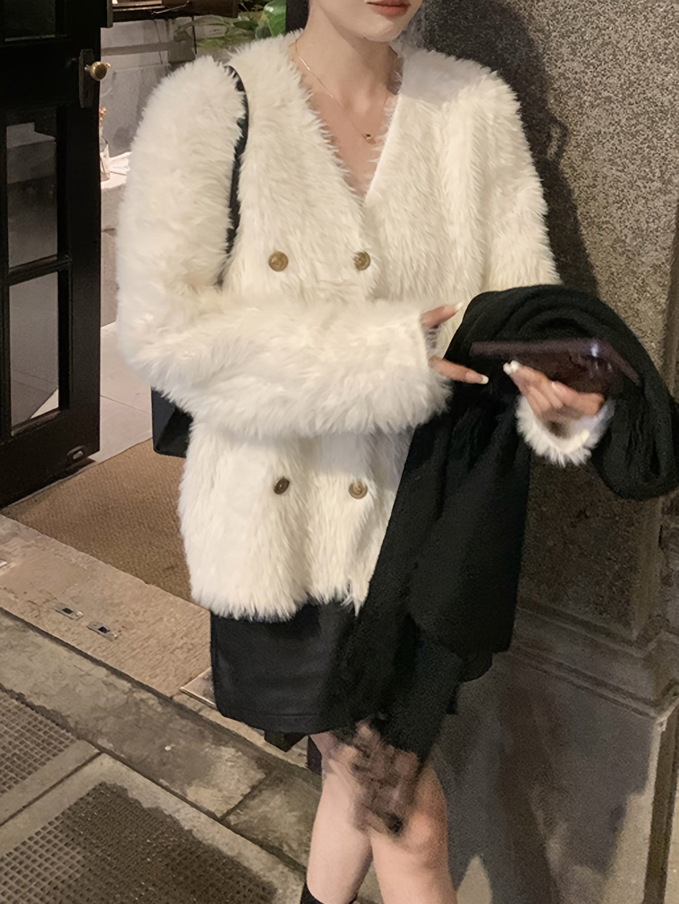 Sixsr Plush Double Breasted Knit Cardigan, Casual Long Sleeve Cozy Sweater For Fall & Winter, Women's Clothing