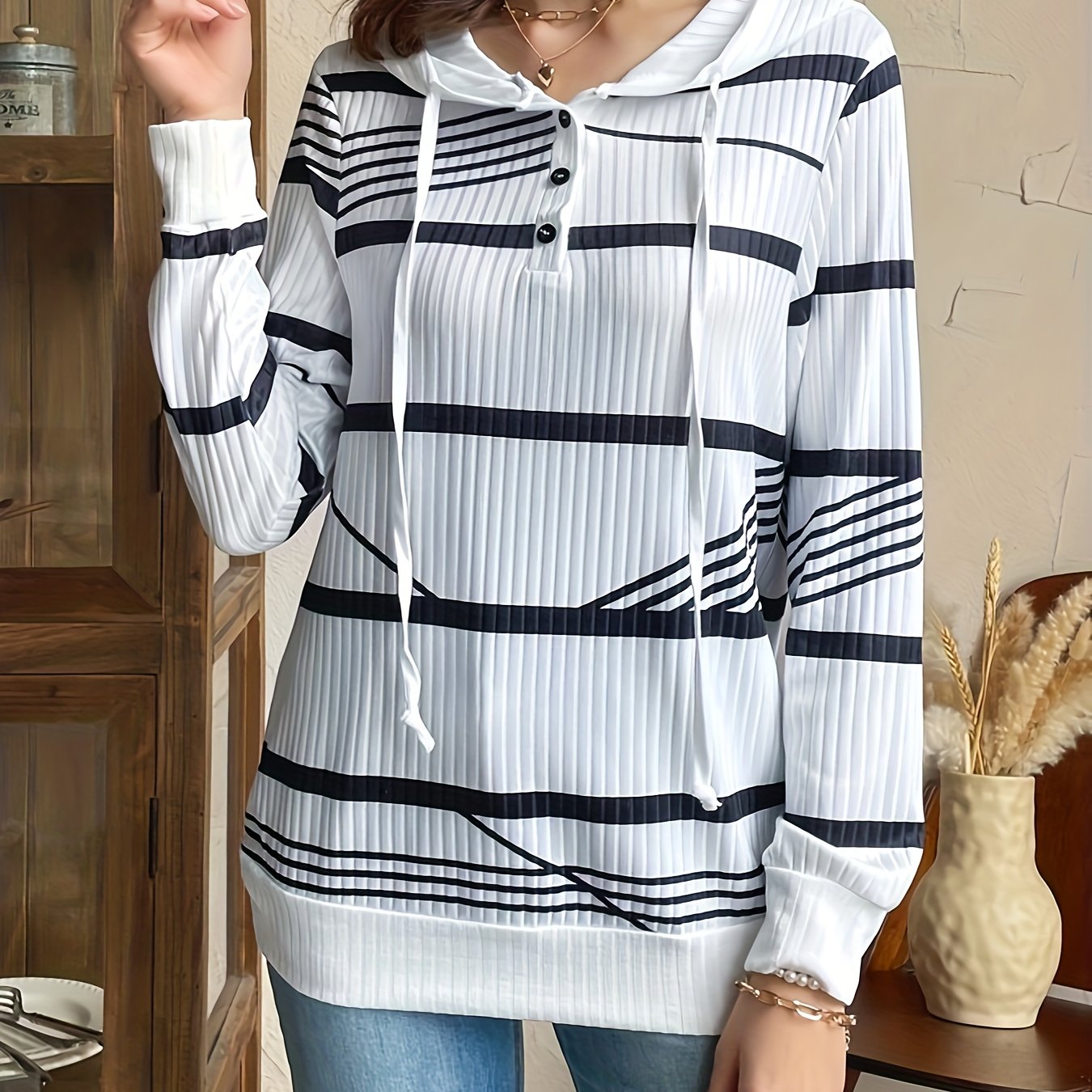 Sixsr Stripe Print Drawstring Hoodie, Casual Button Front Long Sleeve Hoodies, Women's Clothing