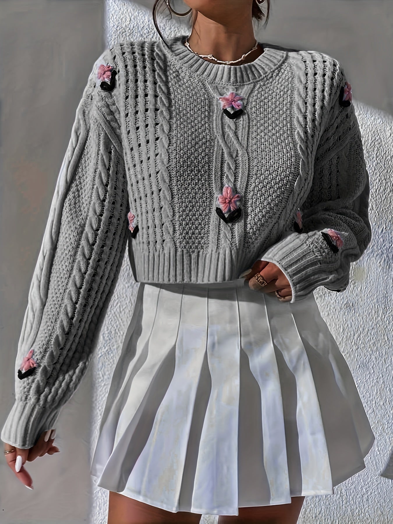 Sixsr Cropped Knit Sweater, Casual Crew Neck Long Sleeve Sweater, Women's Clothing