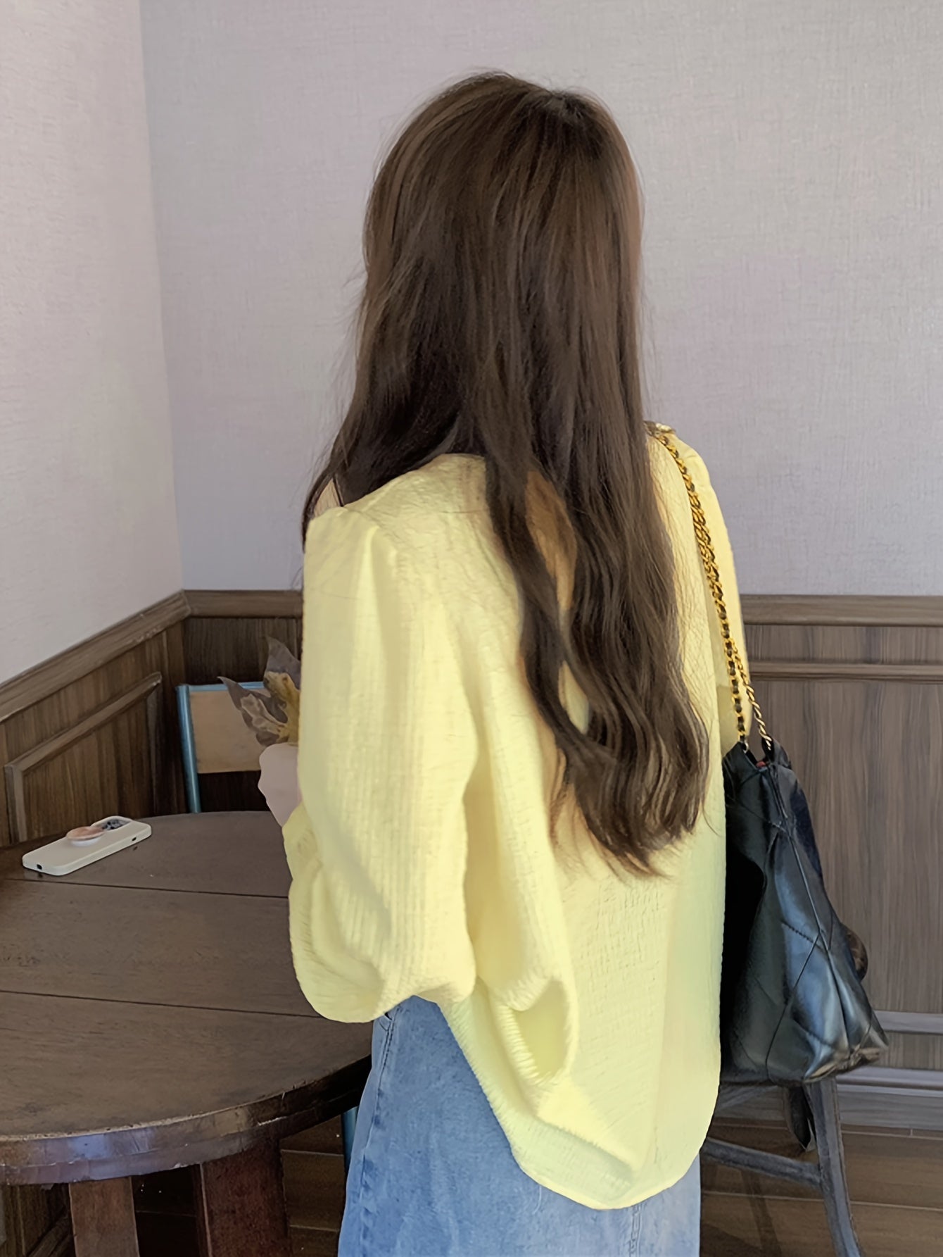 Sixsr Contrast Lace Solid Blouse, Casual V Neck Button Front Long Sleeve Blouse, Women's Clothing