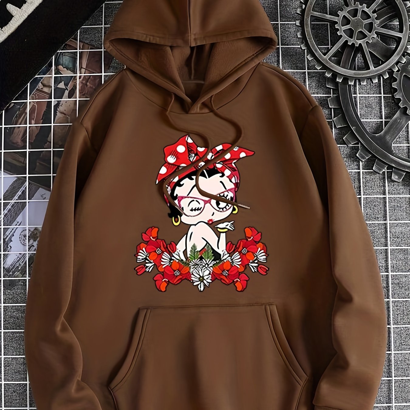 Sixsr Plus Size Casual Sweatshirt, Women's Plus Cute Lady & Floral Print Long Sleeve Drawstring Hooded Pullover Sweatshirt With Kangaroo Pockets, Casual Tops For Fall & Winter, Plus Size Women's Clothing