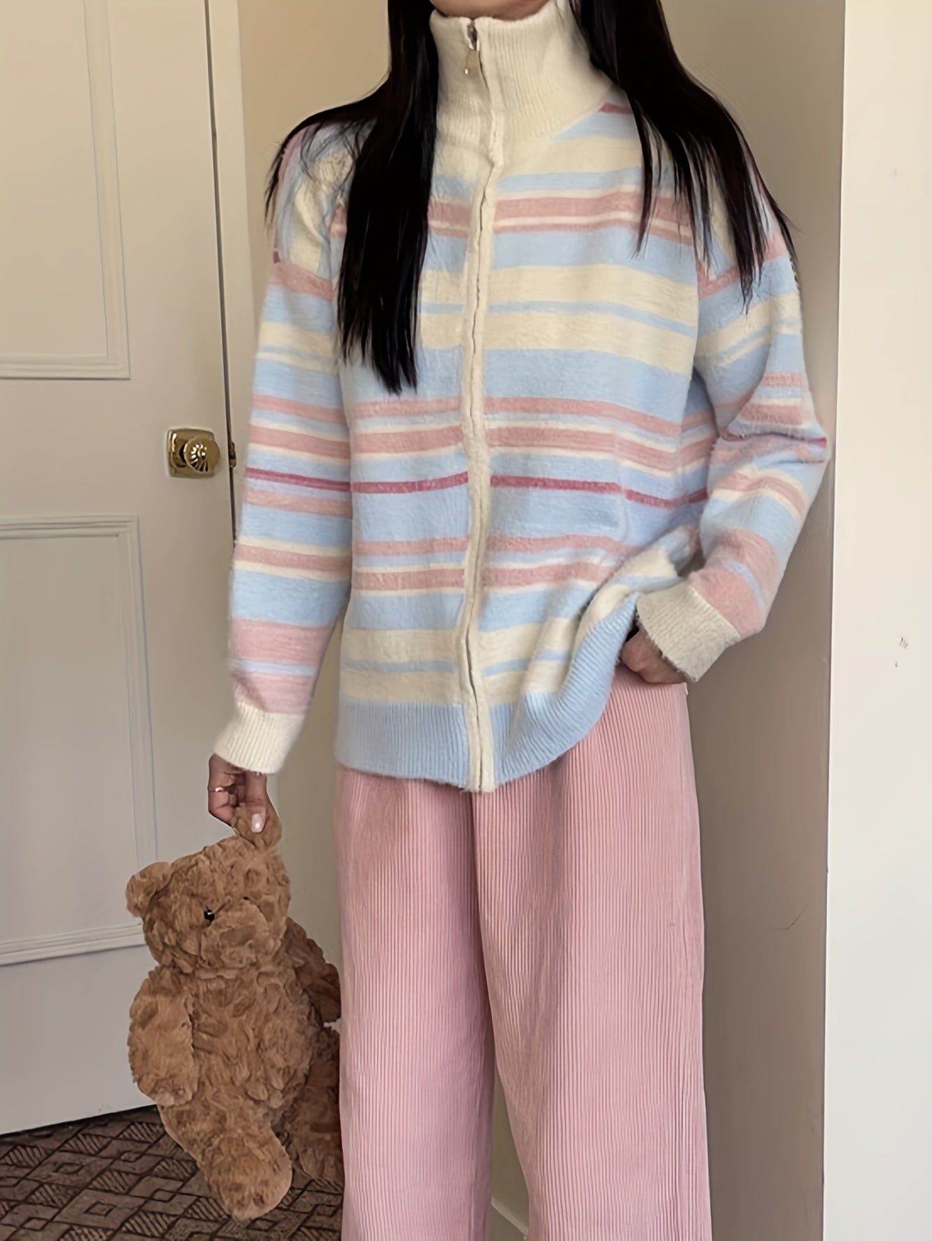 Sixsr Dopamine Striped Zip Up Knit Cardigan, Casual Turtle Neck Long Sleeve Loose Sweater, Women's Clothing