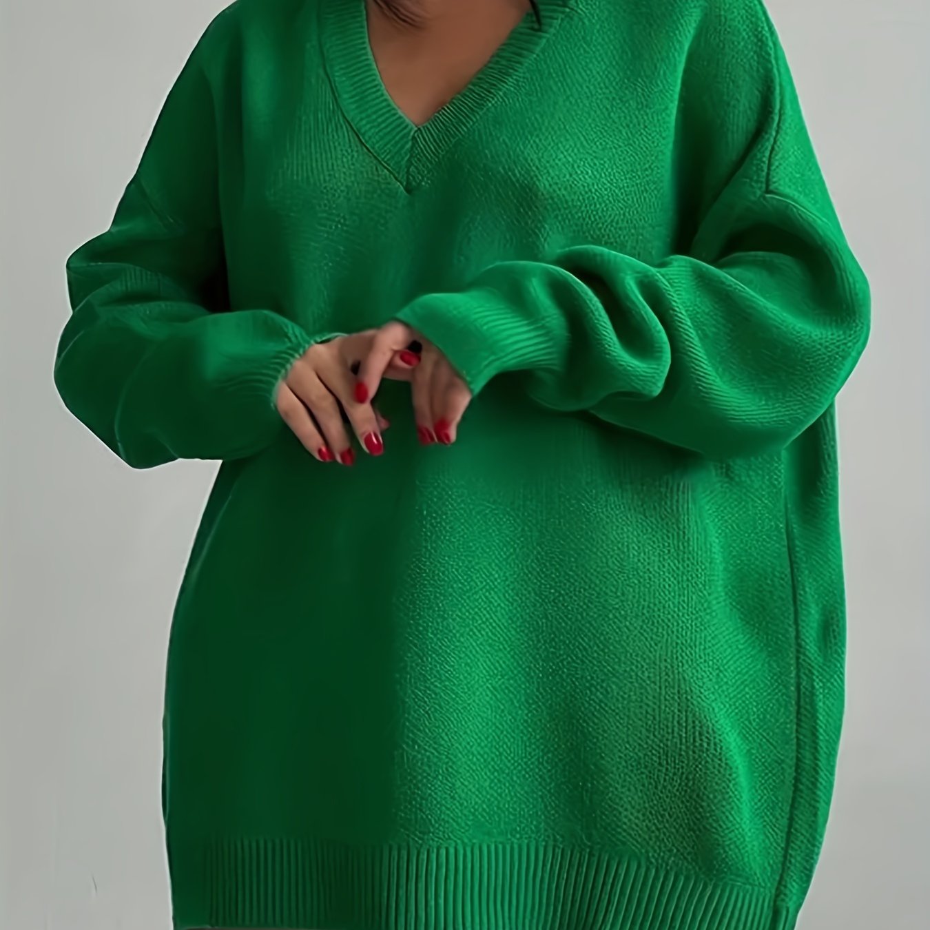 Sixsr Plus Size Casual Sweater, Women's Plus Solid Long Sleeve V Neck Oversized Sweater