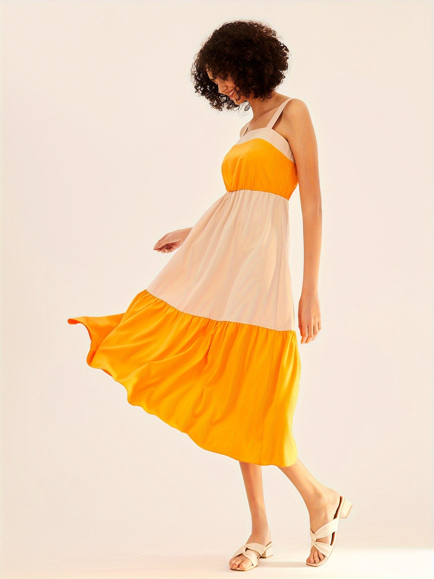 Sixsr Color Block Sleeveless Midi Dress, Vacation Suspender Stylish Midi Dress, Women's Clothing