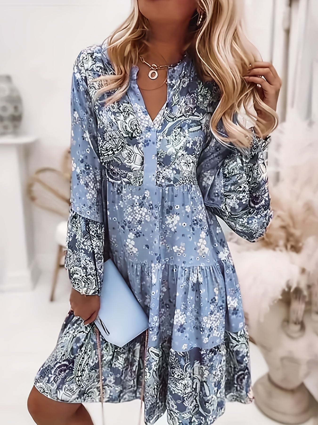Sixsr Floral Print Ruffle Hem Dress, Boho Holiday Long Sleeve V-neck Dress, Women's Clothing