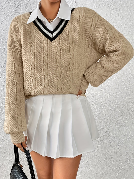 Sixsr Cable Knit V Neck Pullover Sweater, Casual Long Sleeve Loose Sweater, Women's Clothing