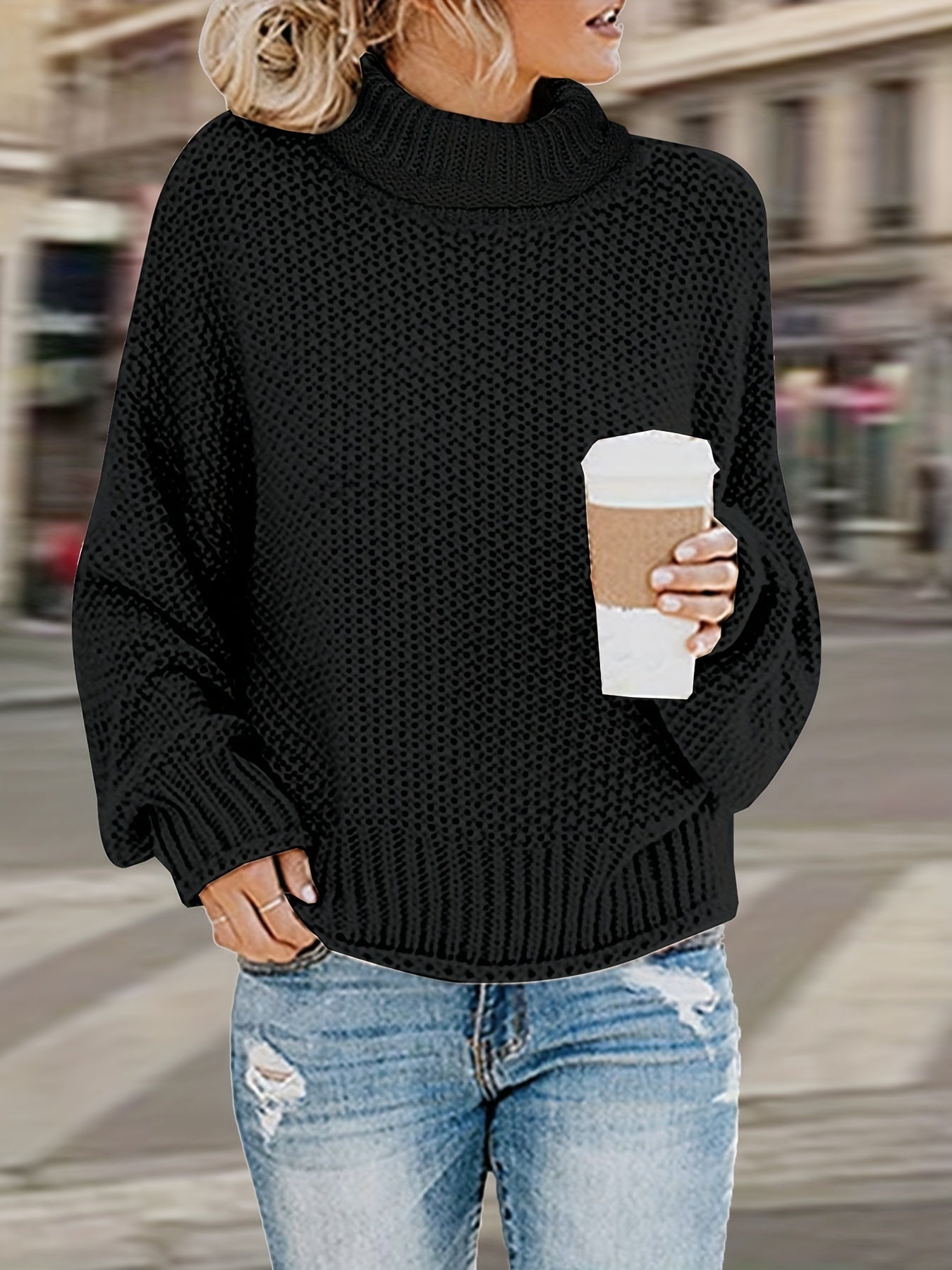 Sixsr Plus Size Casual Sweater, Women's Plus Solid Long Sleeve Turtle Neck Medium Stretch Sweater