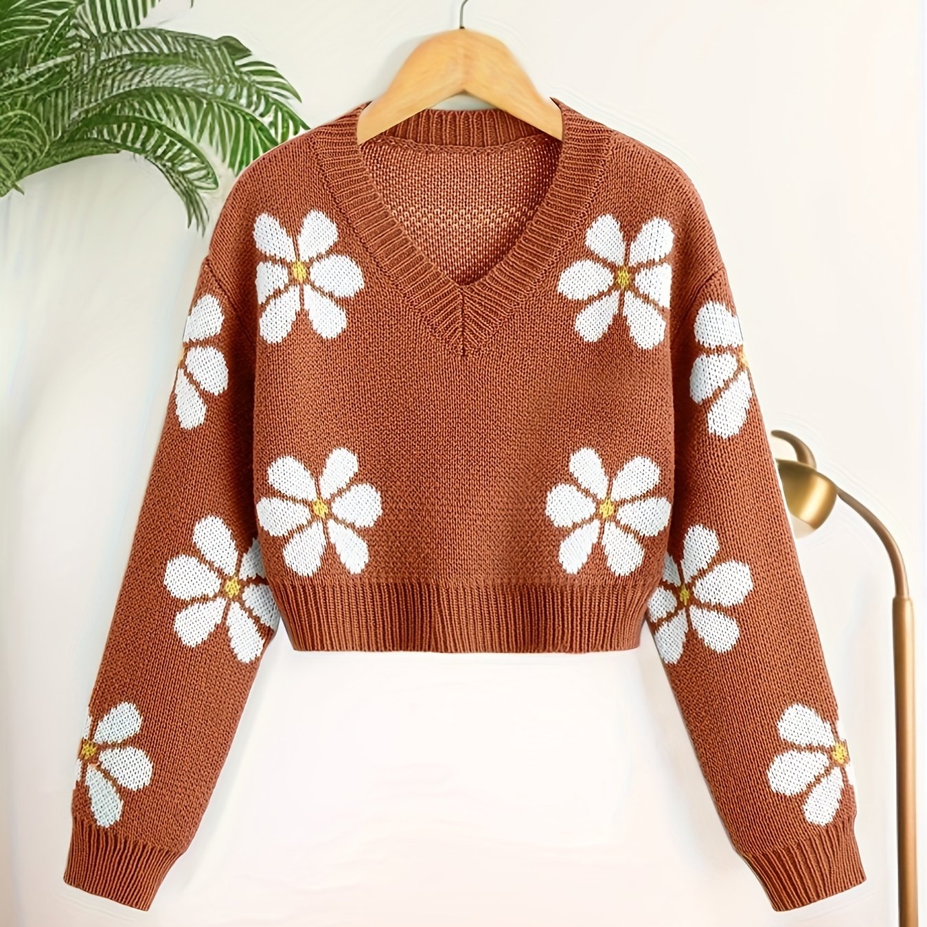 Sixsr Floral Jacquard Girls Drop Shoulder V-neck Knitted Sweater For Fall Winter