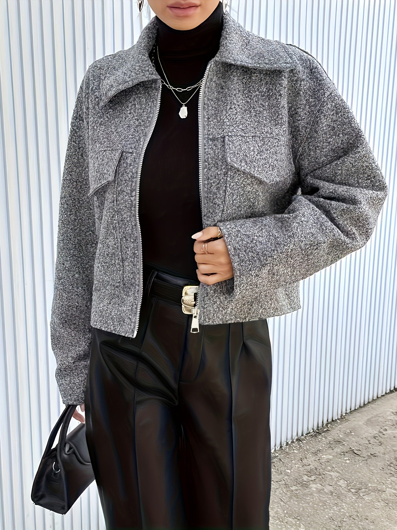 Sixsr Solid Flap Pockets Zipper Jacket, Versatile Drop Shoulder Long Sleeve Outwear For Fall & Winter, Women's Clothing