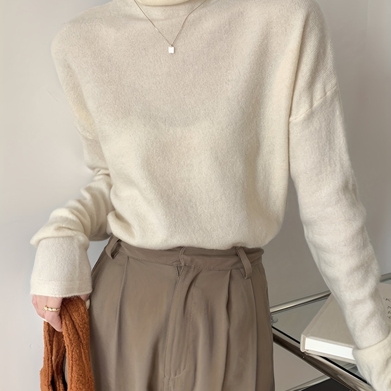 Sixsr Solid Turtle Neck Pullover Sweater, Casual Long Sleeve Versatile Inner Wear Sweater, Women's Clothing