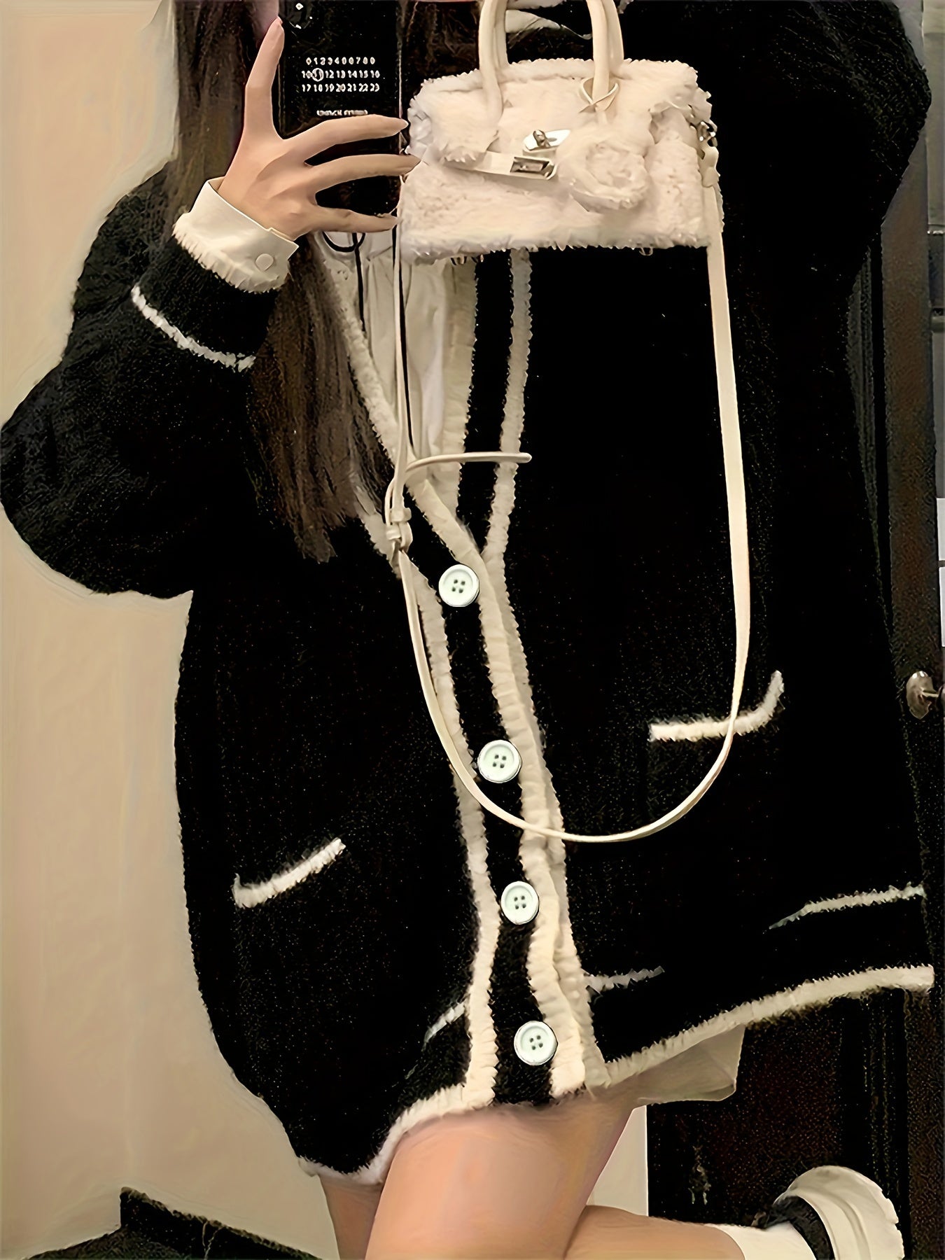 Sixsr Contrast Trim Botton Up Cardigan, Casual Long Sleeve Pocket Loose Sweater For Fall & Winter, Women's Clothing