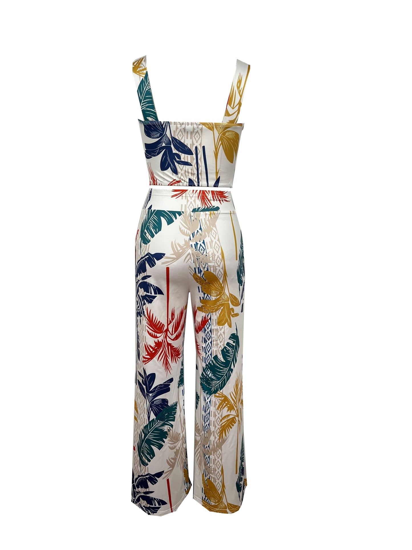 two-piece Plant Print Vacation Set - Women's V Neck Sleeveless Top & High Waist Wide Leg Pants Outfit for Comfortable and Stylish Summer Look