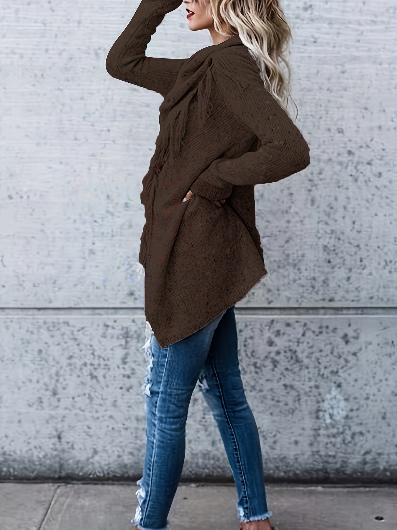 Sixsr Plus Size Casual Sweater, Women's Plus Solid Tassel Trim Long Sleeve Cowl Neck High Stretch Jumper