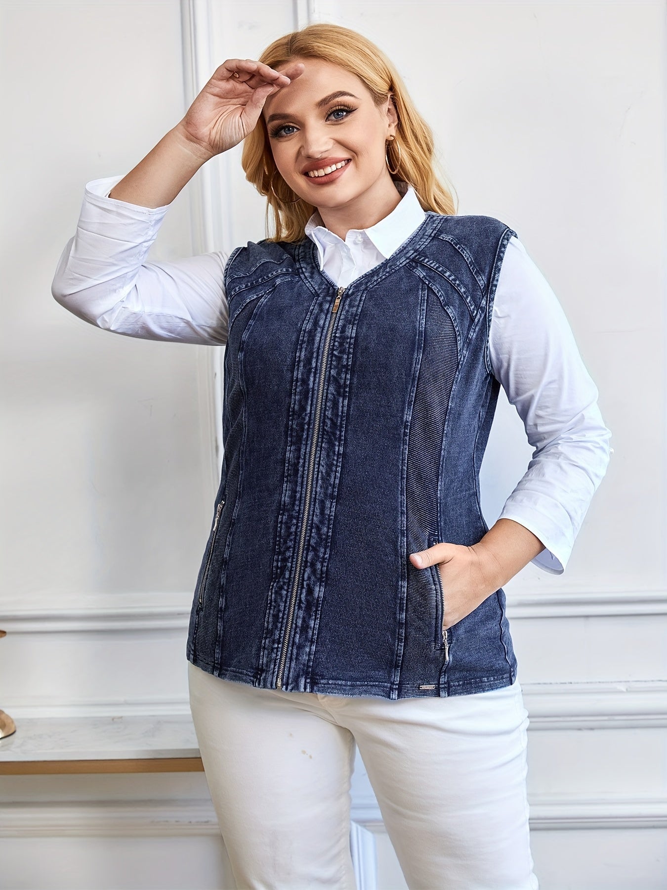 Sixsr Plus Size Casual Vest, Women's Plus Round Neck Slight Stretch Zipper Vest With Pockets