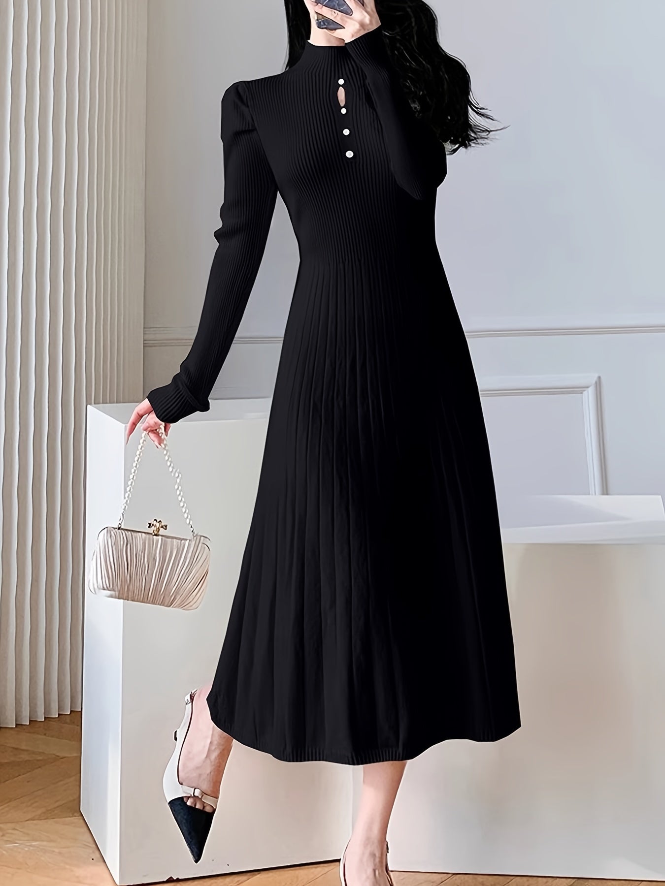 Sixsr Button Decor Keyhole Ribbed Dress, Elegant Long Sleeve Mock Neck A-line Knit Dress, Women's Clothing