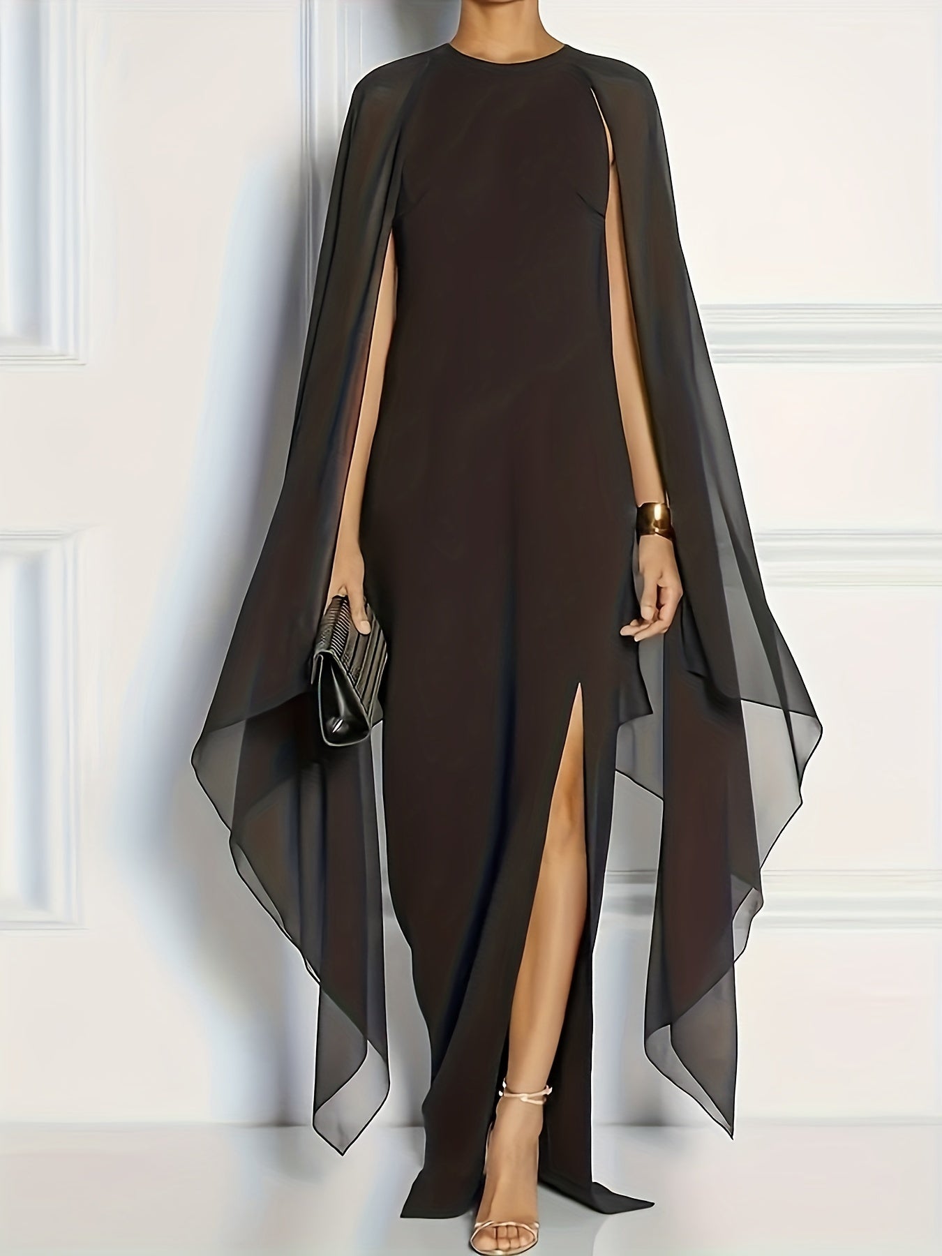 Sixsr Plus Size Elegant Bridesmaid Dress, Women's Plus High Split Flare Sleeve Slight Stretch Maxi Formal Dress With Cape