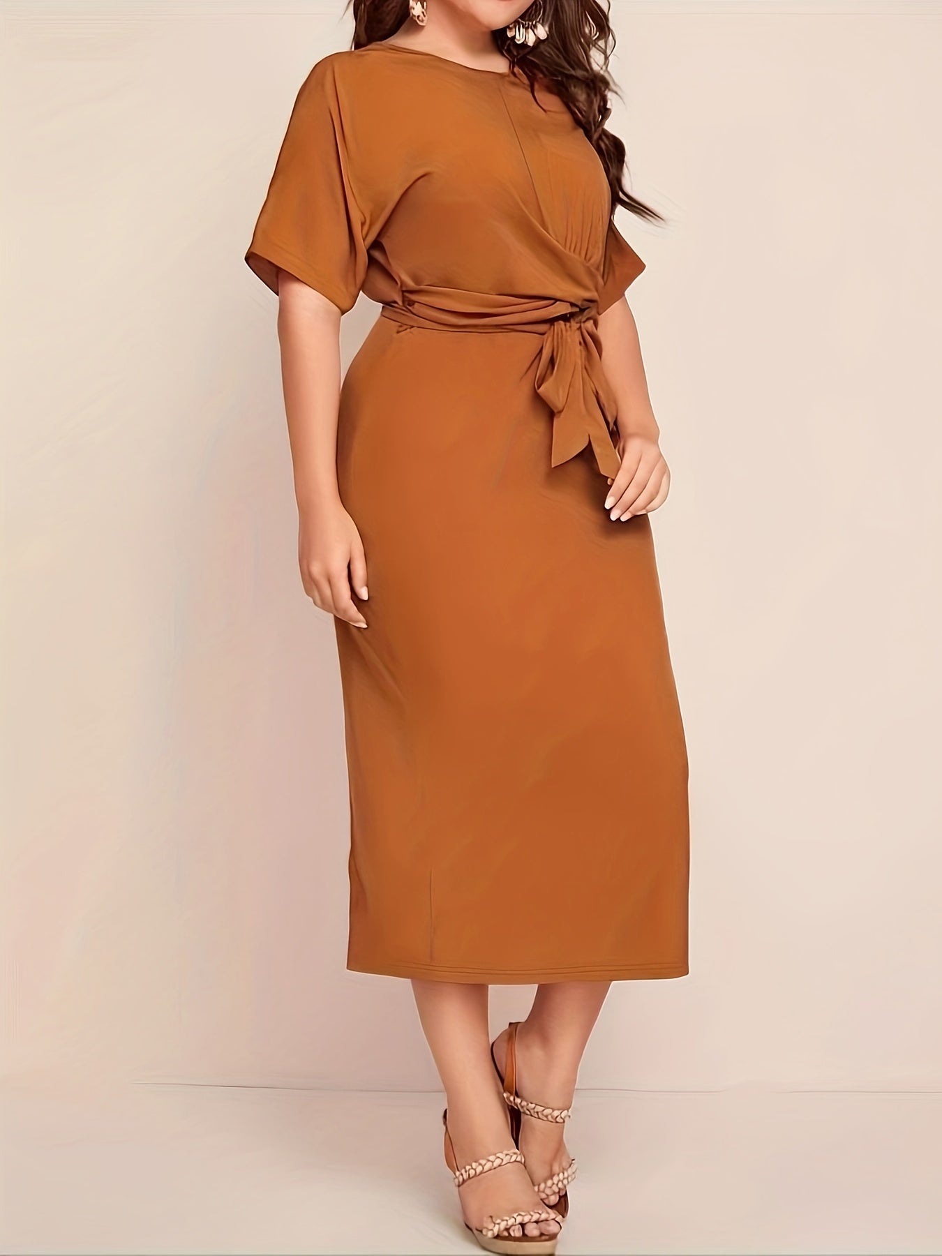 Sixsr Solid Tie Waist Elegant Dress, Half Sleeve Slim Dress For Spring & Fall, Women's Clothing