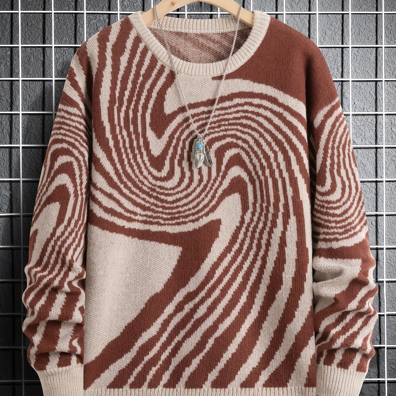 Sixsr Men's Fashion Abstract Graphic Knitted Sweater, Casual Slightly Stretch Breathable Long Sleeve Top For Outdoor Fall Winter