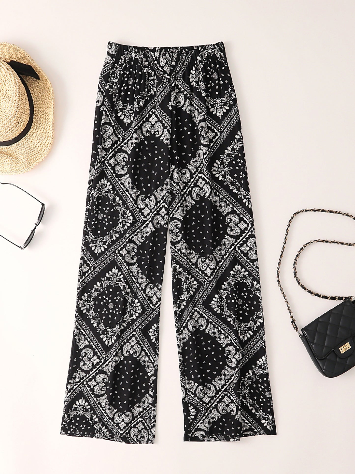 Paisley Scarf Print Wide Leg Pants, Boho Casual Loose Pants For Spring & Summer, Women's Clothing