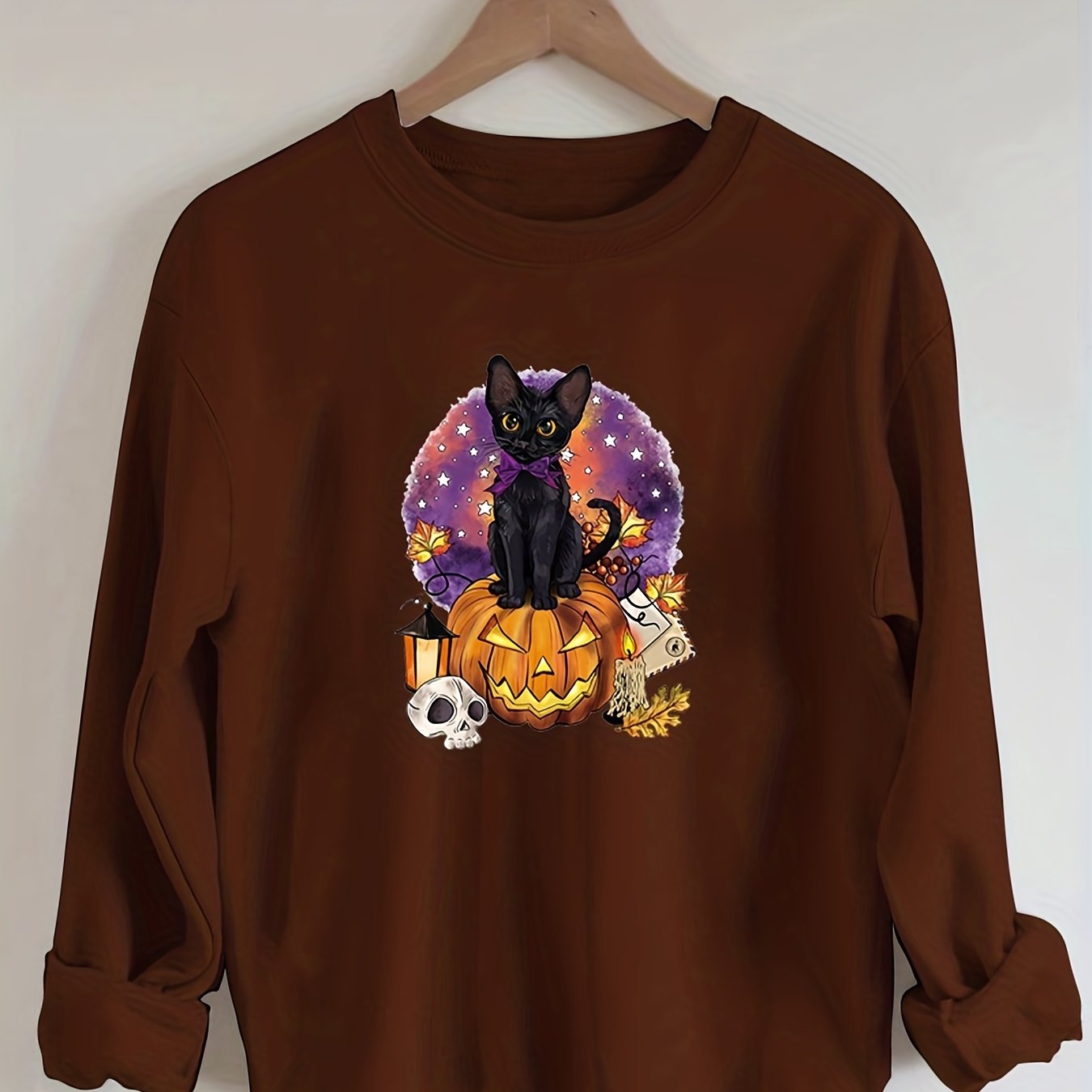 Sixsr Plus Size Halloween Casual Sweatshirt, Women's Plus Cat & Skull & Pumpkin Print Round Neck Long Sleeve Sweatshirt