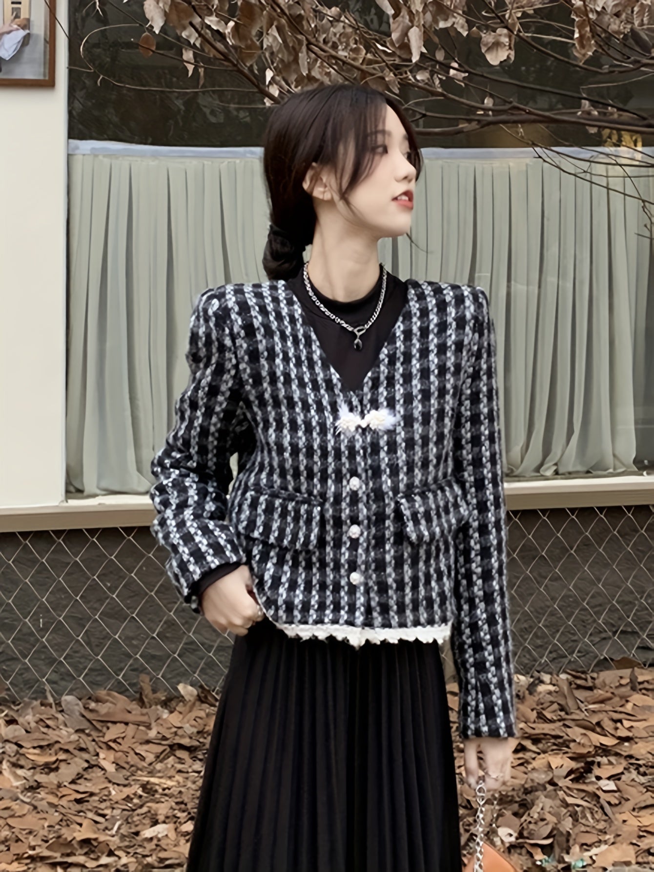 Sixsr Plaid Pattern V Neck Jacket, Casual Button Front Long Sleeve Outerwear, Women's Clothing