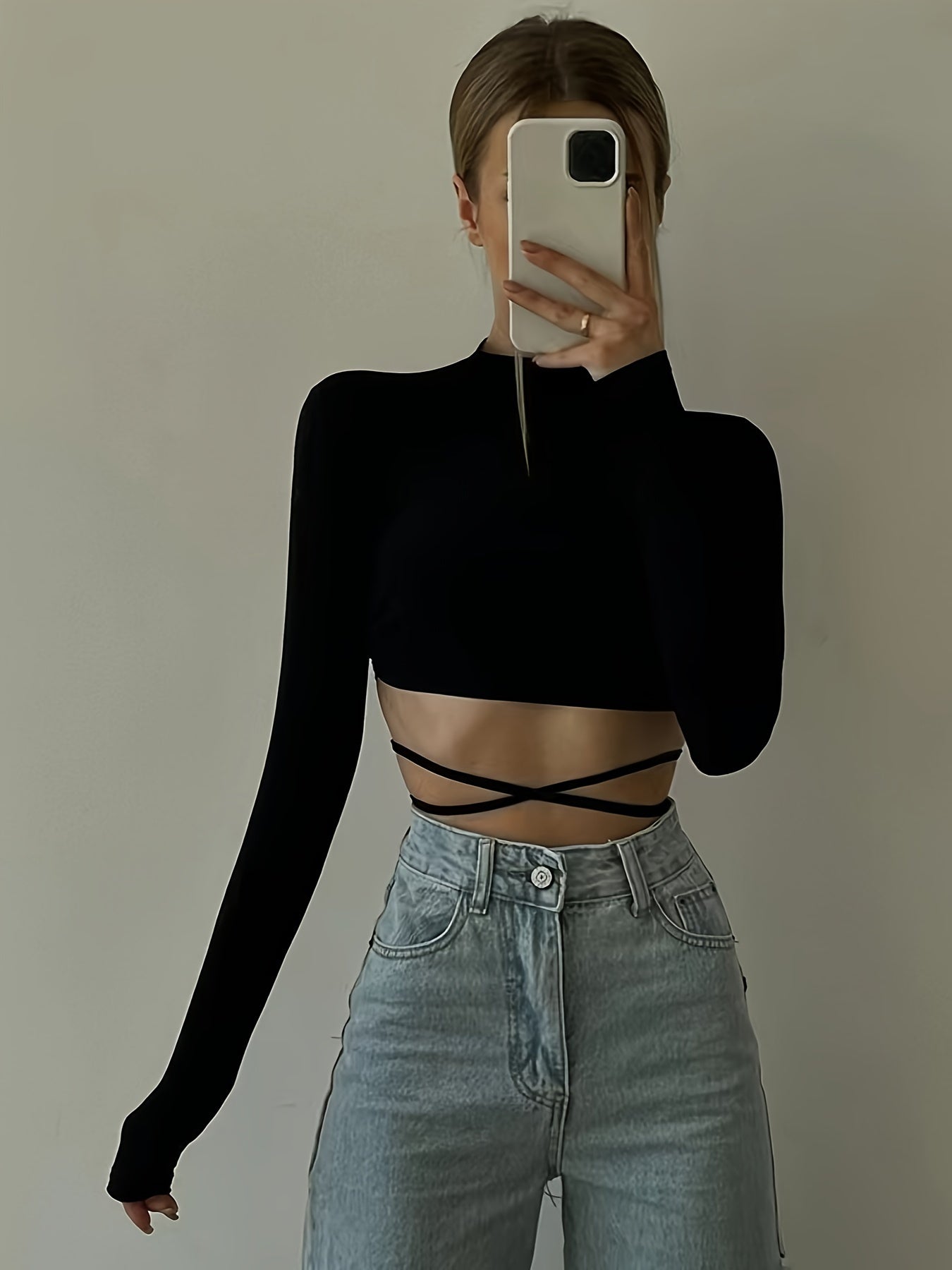 Sixsr Solid Cross Strap Mock Neck Crop T-Shirt, Casual Long Sleeve Top For Spring & Fall, Women's Clothing