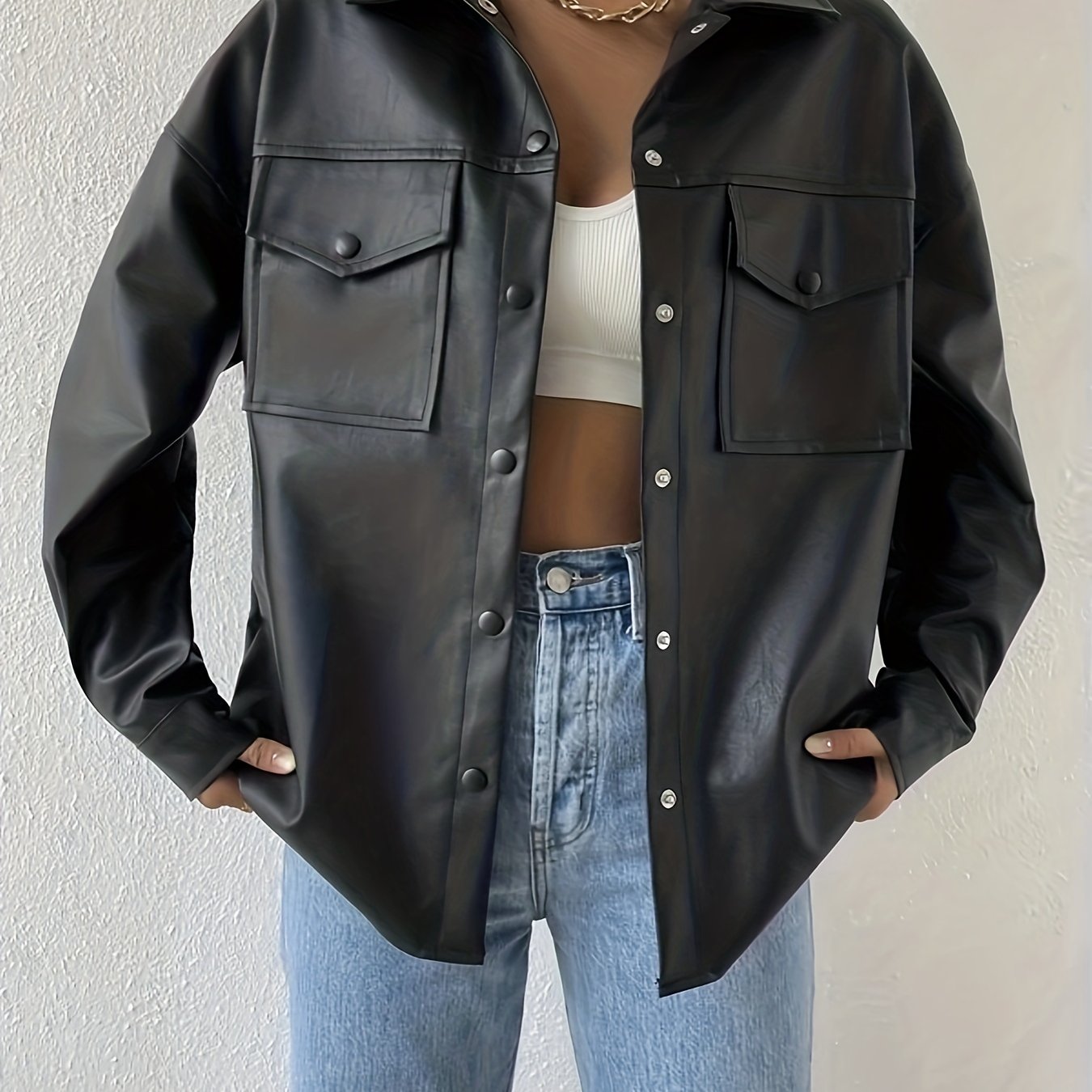 Sixsr Faux Leather Flap Pockets Jacket, Vintage Long Sleeve Drop Shoulder Solid Outwear , Women's Clothing
