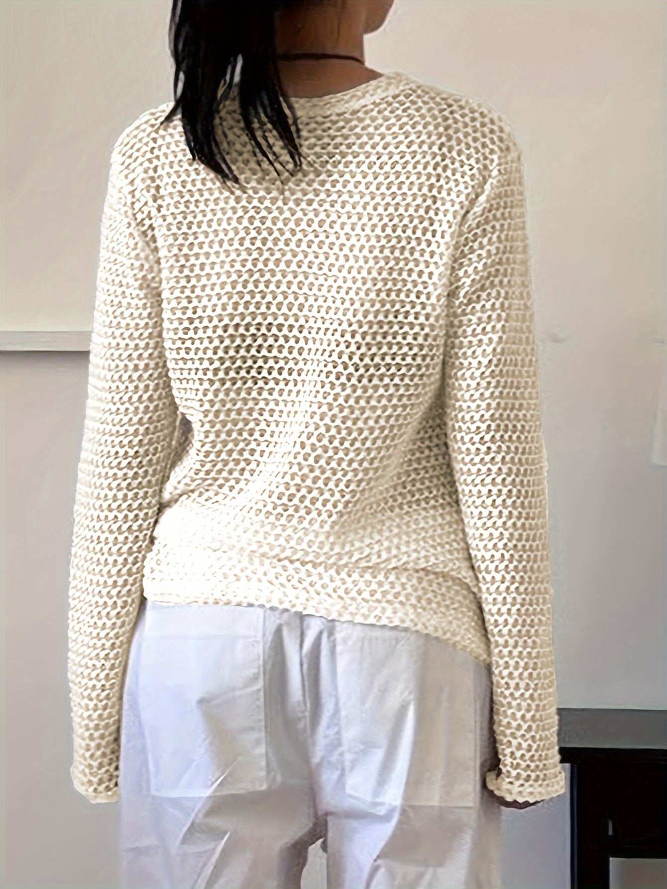 Sixsr Solid Color Crew Neck Pullover Sweater, Y2K Long Sleeve Cut Out Knitted Sweater For Fall & Spring, Women's Clothing