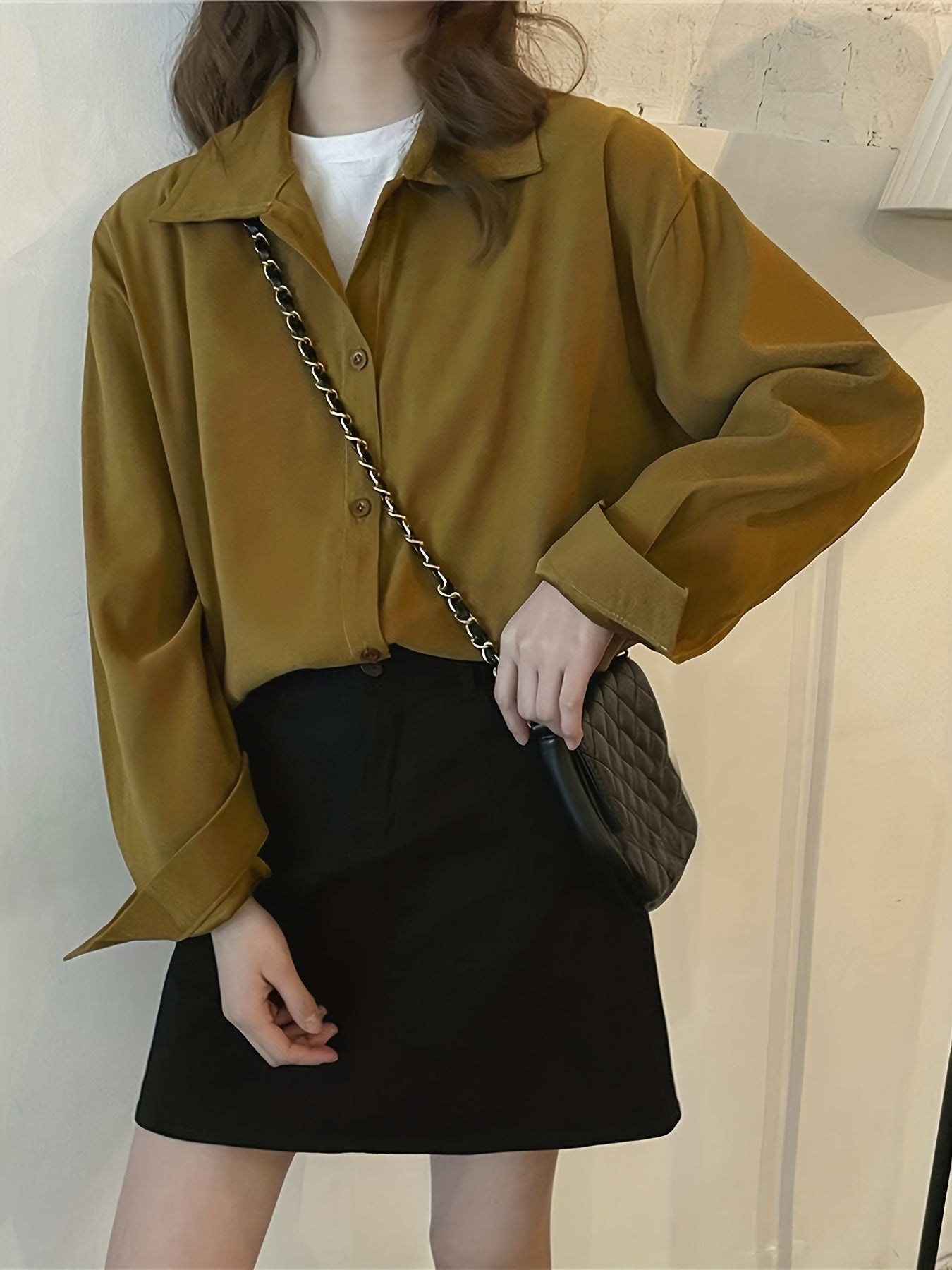 Sixsr Solid Polo Collar Button Blouse, Casual Long Sleeve Blouse For Spring & Fall, Women's Clothing