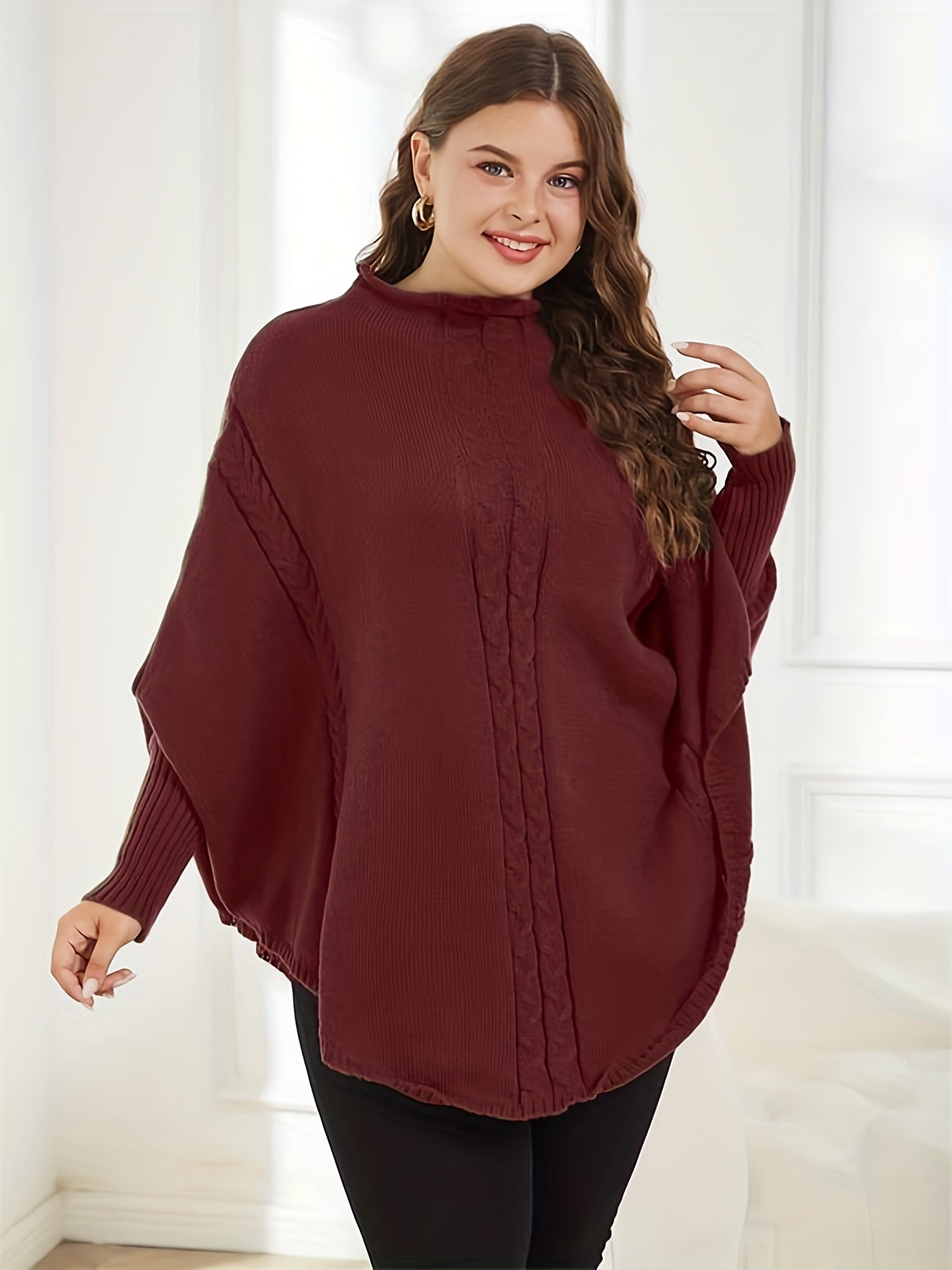 Sixsr Plus Size Casual Sweater, Women's Plus Jacquard High Neck Bat Sleeve Pullover Sweater