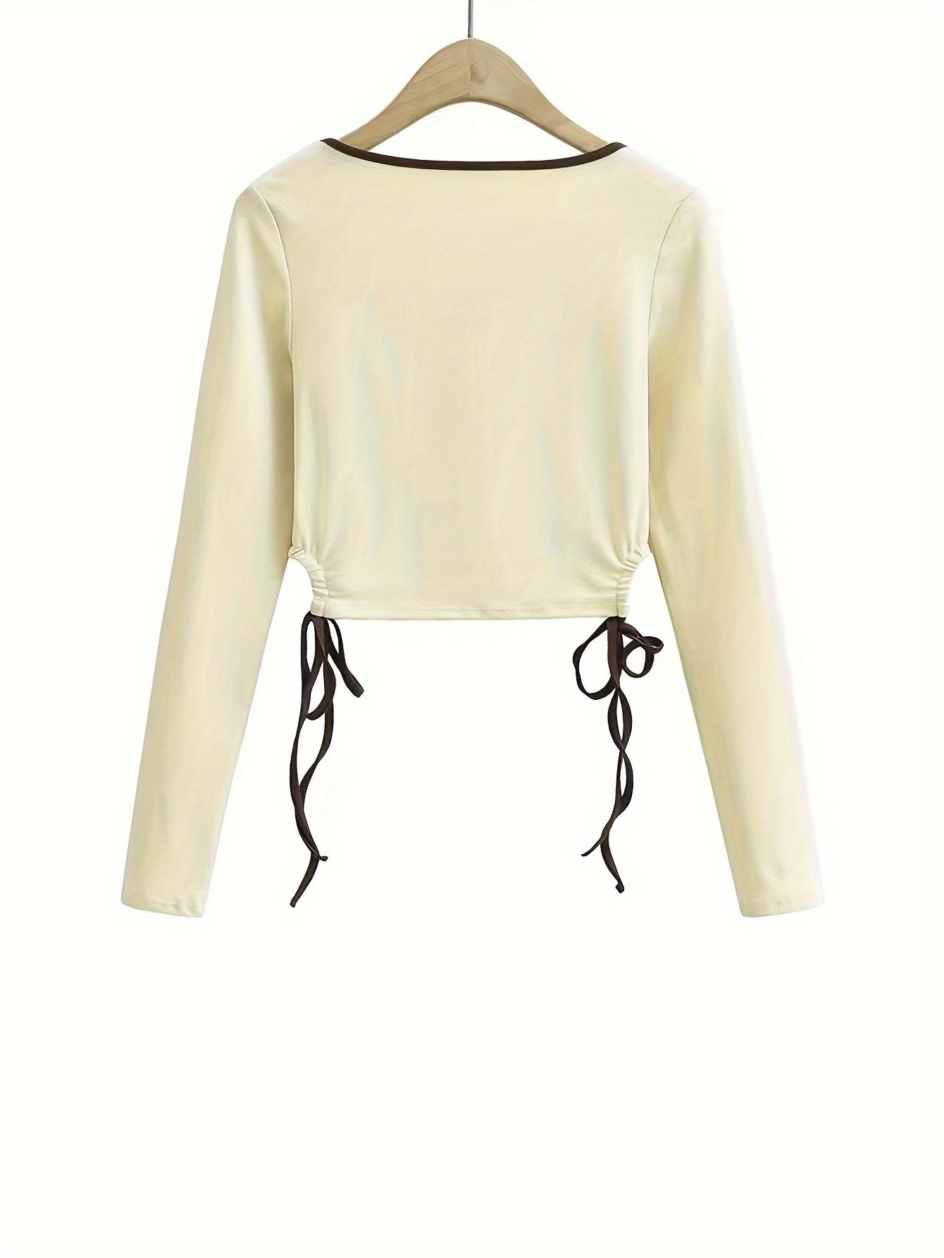 Sixsr Graphic & Letter Print Side Drawstring T-Shirt, Casual Cut Out Color Block Long Sleeve Crop Top, Women's Clothing