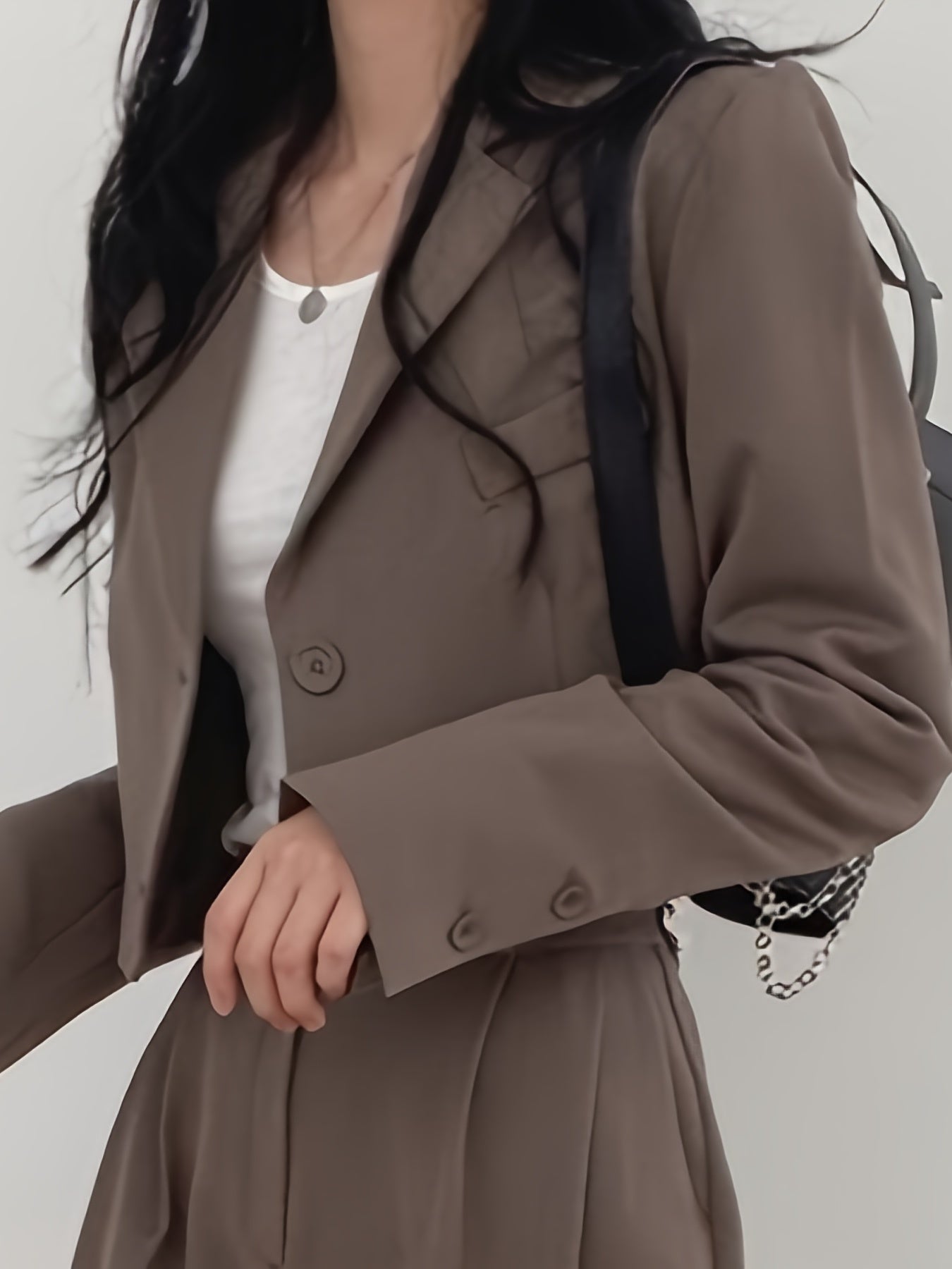 Sixsr Solid Button Front Crop Blazer, Elegant Lapel Long Sleeve Blazer For Office & Work, Women's Clothing