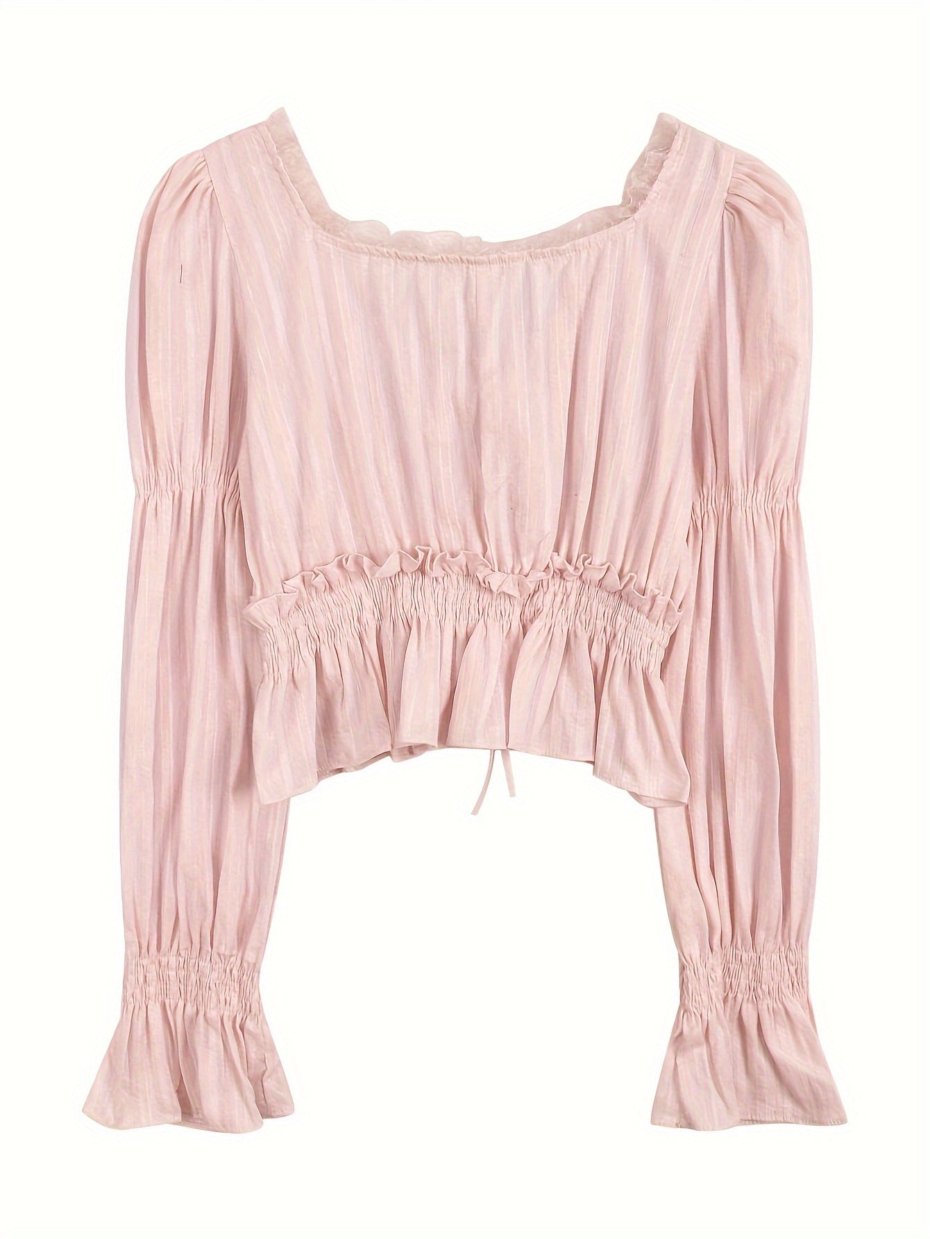 Sixsr Ruffle Trim Sweetheart Neck Blouse, Chic Puff Sleeve Cinched Waist Crop Blouse For Spring & Fall, Women's Clothing