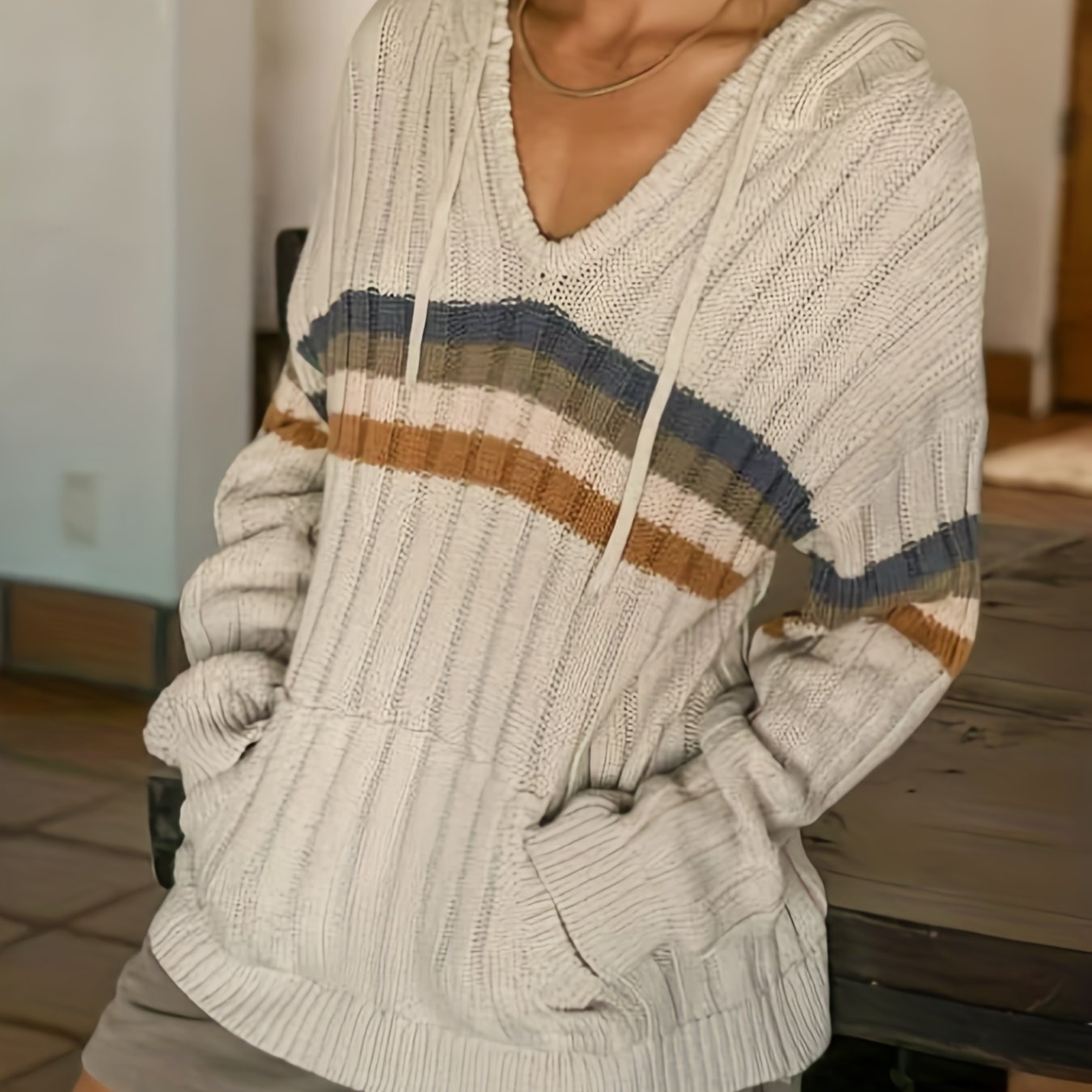 Sixsr Plus Size Casual Sweater, Women's Plus Stripe Print Long Sleeve Drawstring Hoodie Sweater With Pockets