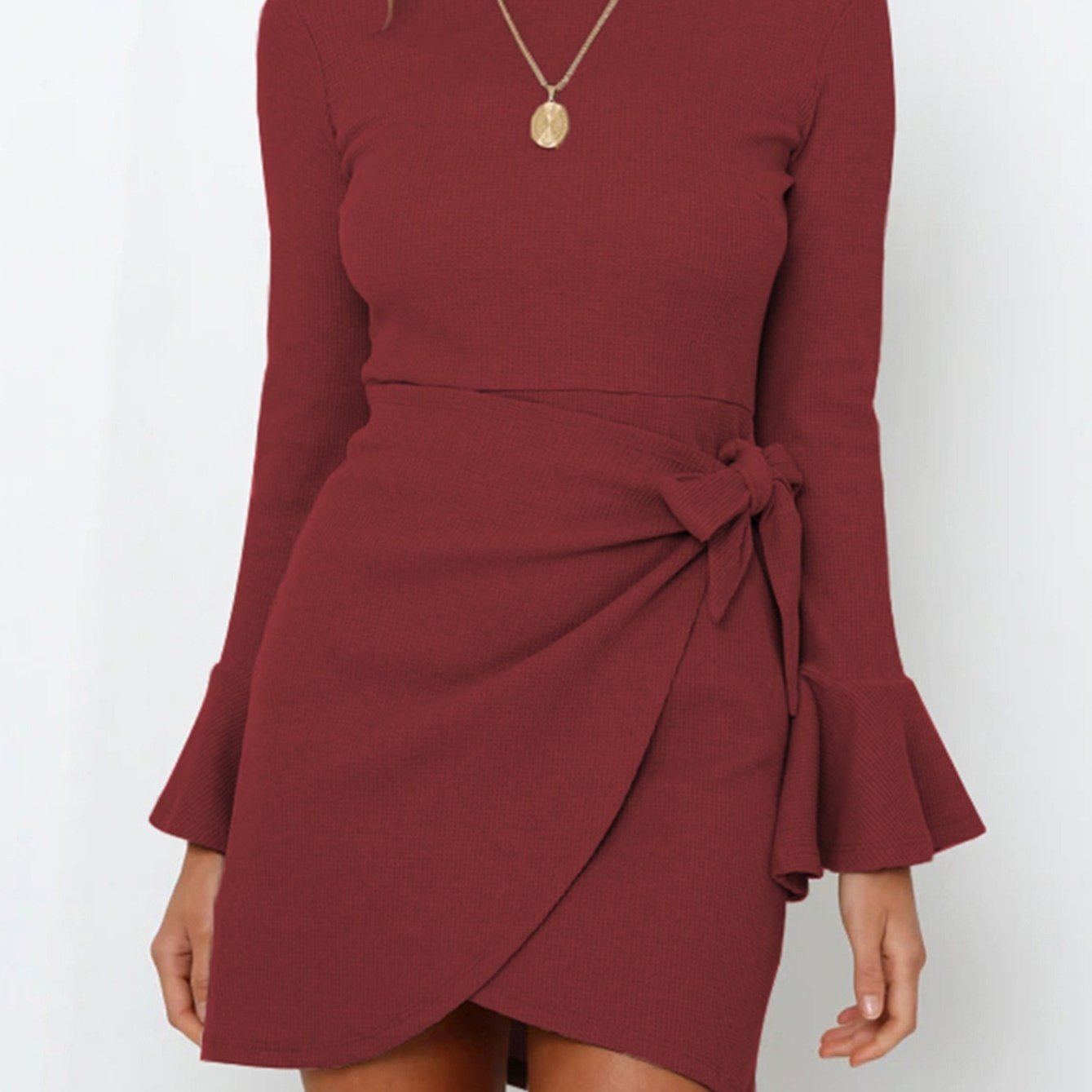 Sixsr Women's Dresses Solid Crew Neck Waffle Neck Flare Sleeve Tie Up Elegant Dresses