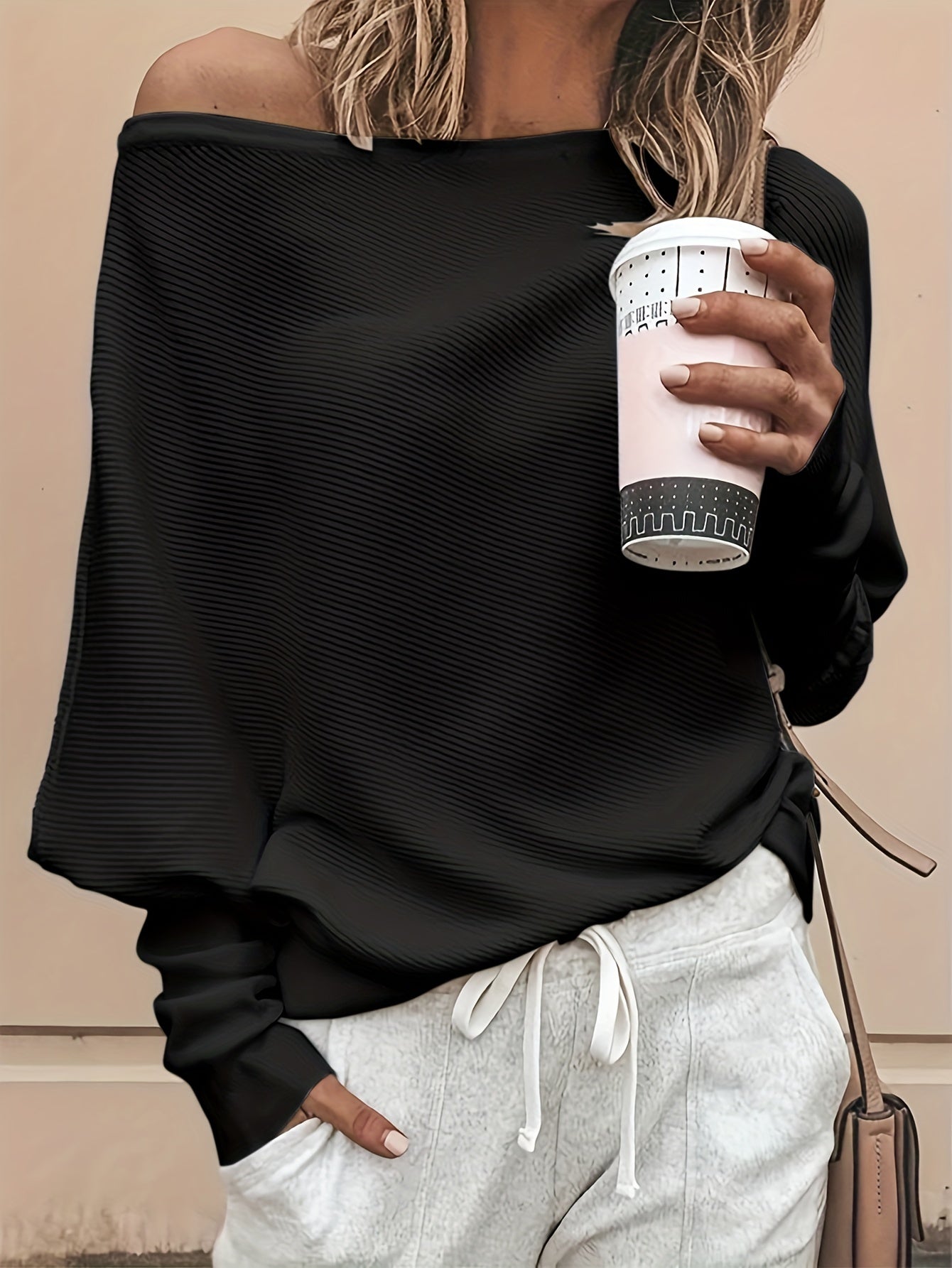 Sixsr Solid Off Shoulder Pullover Sweater, Casual Long Batwing Sleeve Sweater For Spring & Fall, Women's Clothing