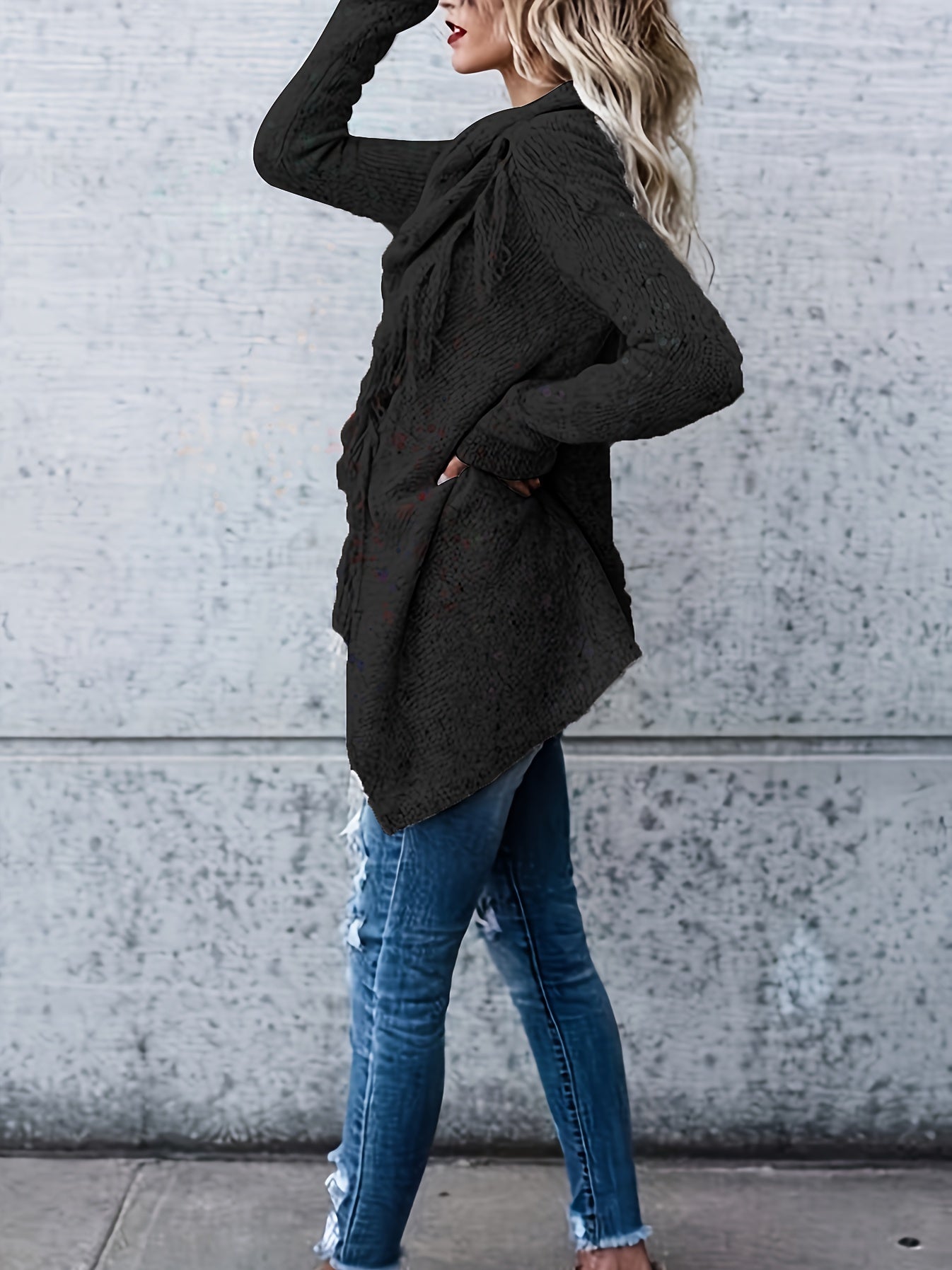 Sixsr Plus Size Casual Sweater, Women's Plus Solid Tassel Trim Long Sleeve Cowl Neck High Stretch Jumper