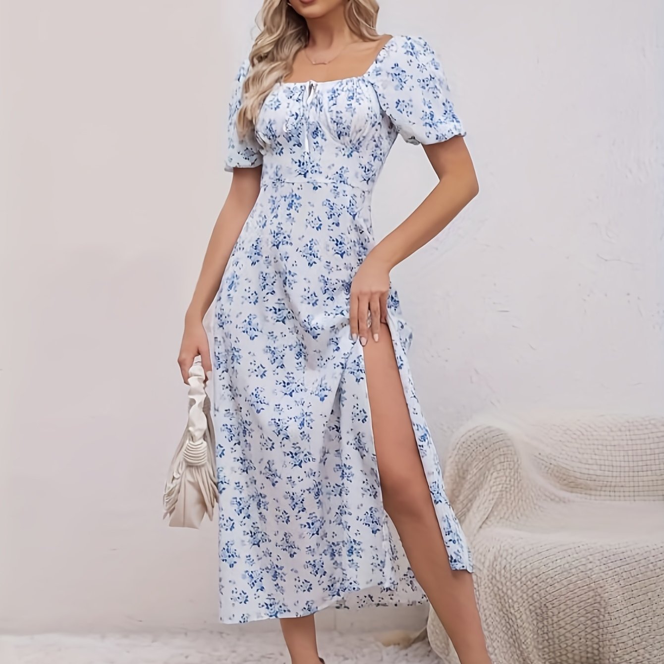 Sixsr Floral Print Split Backless Dress, Boho Square Neck Short Sleeve Dress, Women's Clothing