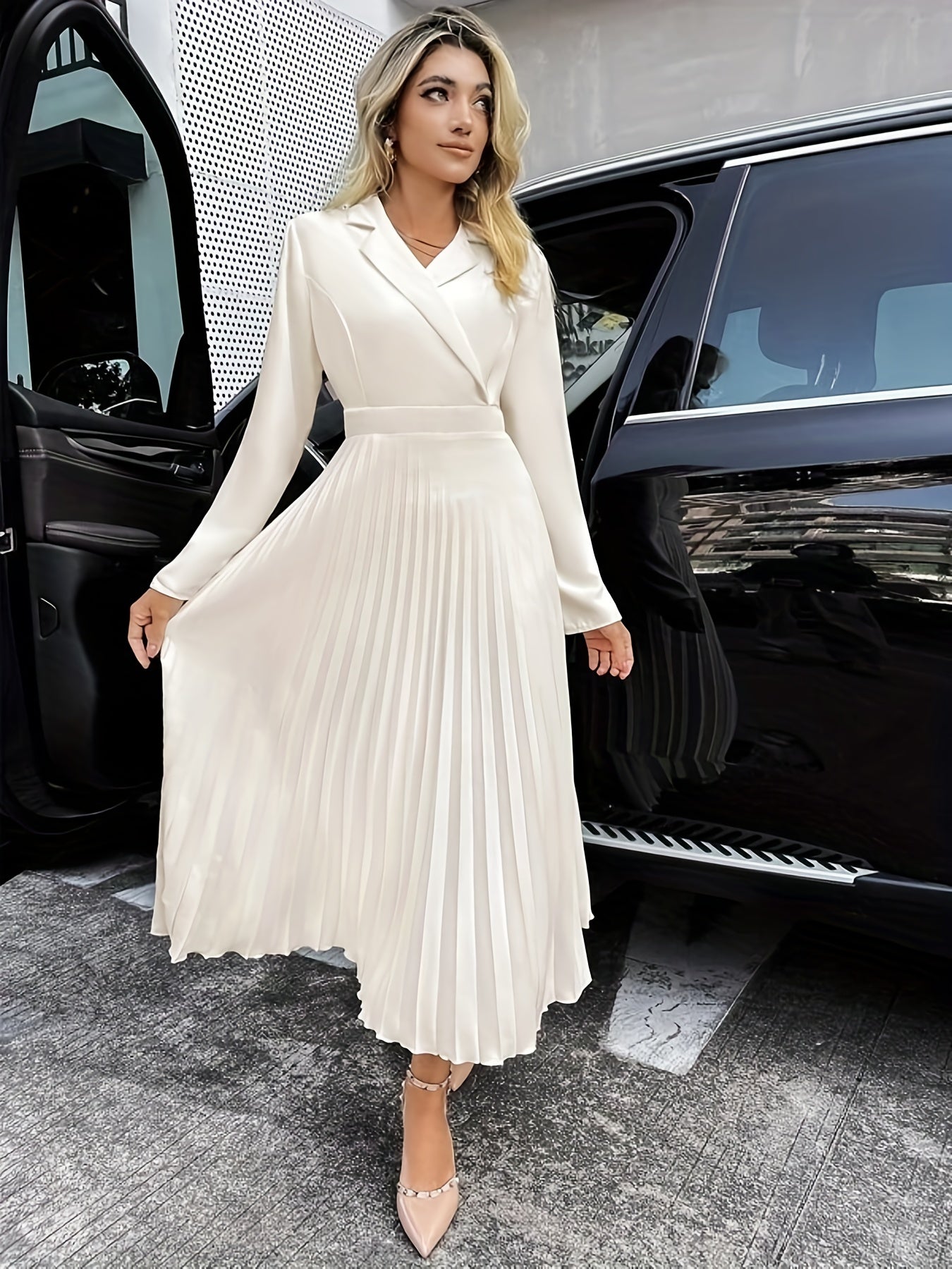 Sixsr Surplice Neck Pleated Dress, Elegant Solid Long Sleeve Maxi Dress, Women's Clothing