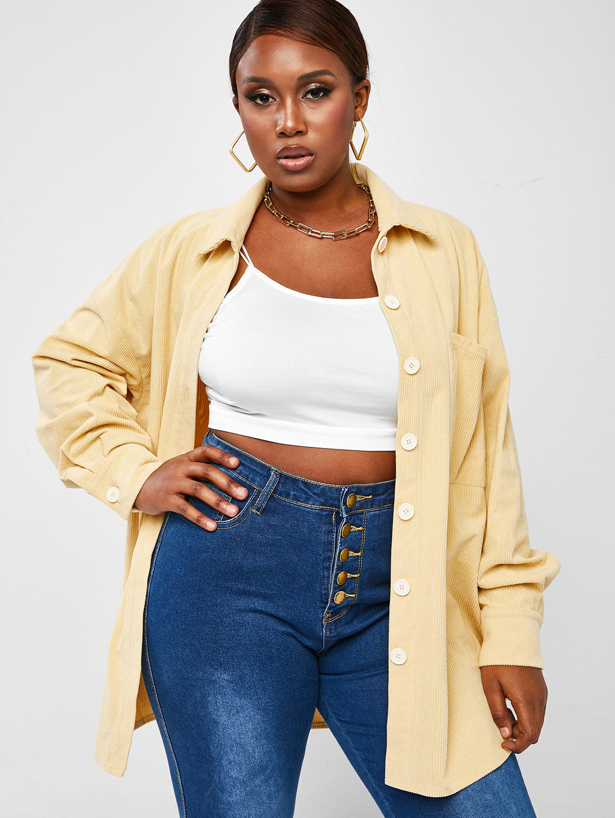 Sixsr Plus Size Corduroy Solid Button Front Outerwear, Women's Plus Elegant Long Sleeve Coat